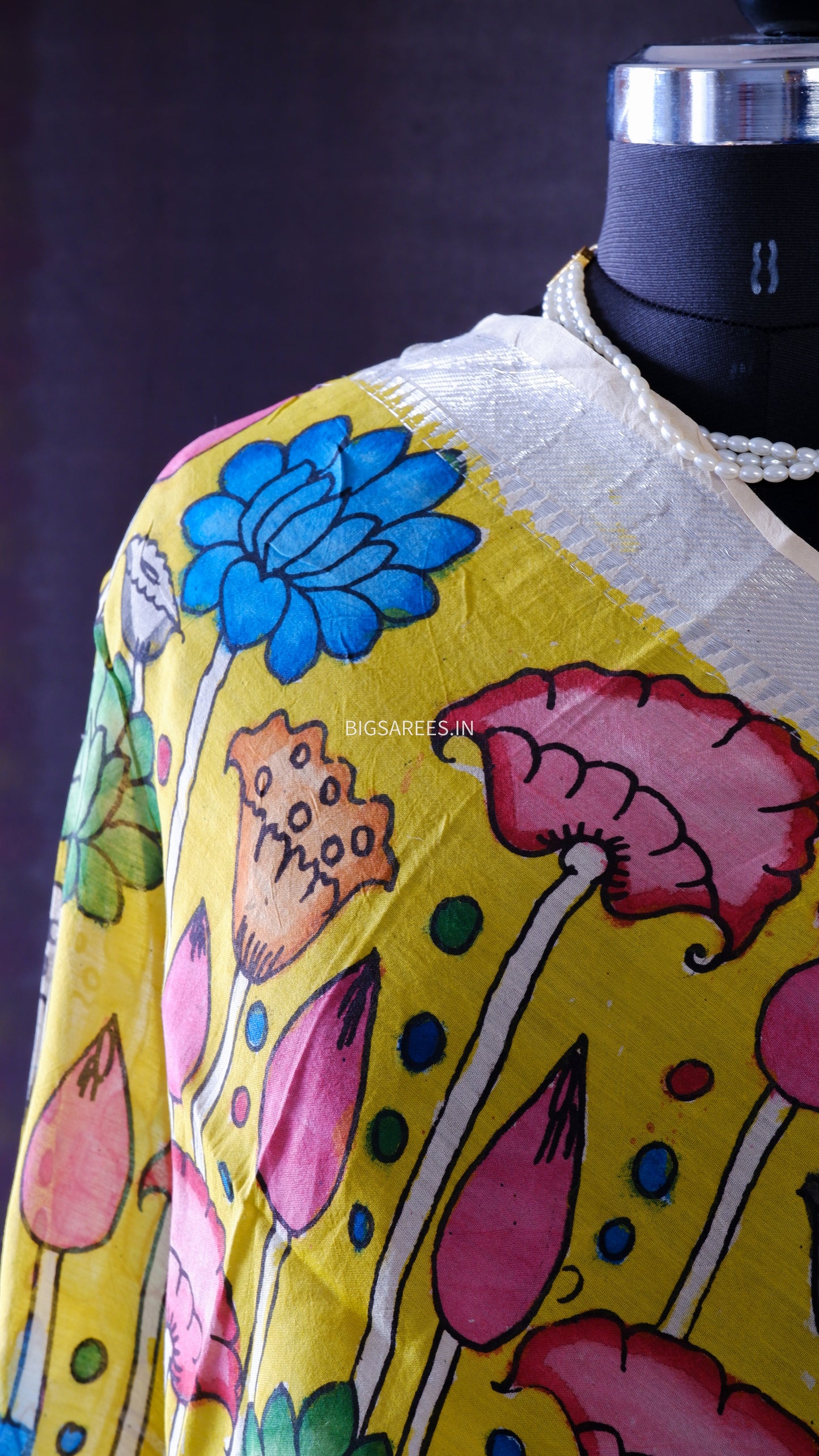 Pen Kalamkari Hand Painted Bangalore Silk Dupatta | Yellow | 36"