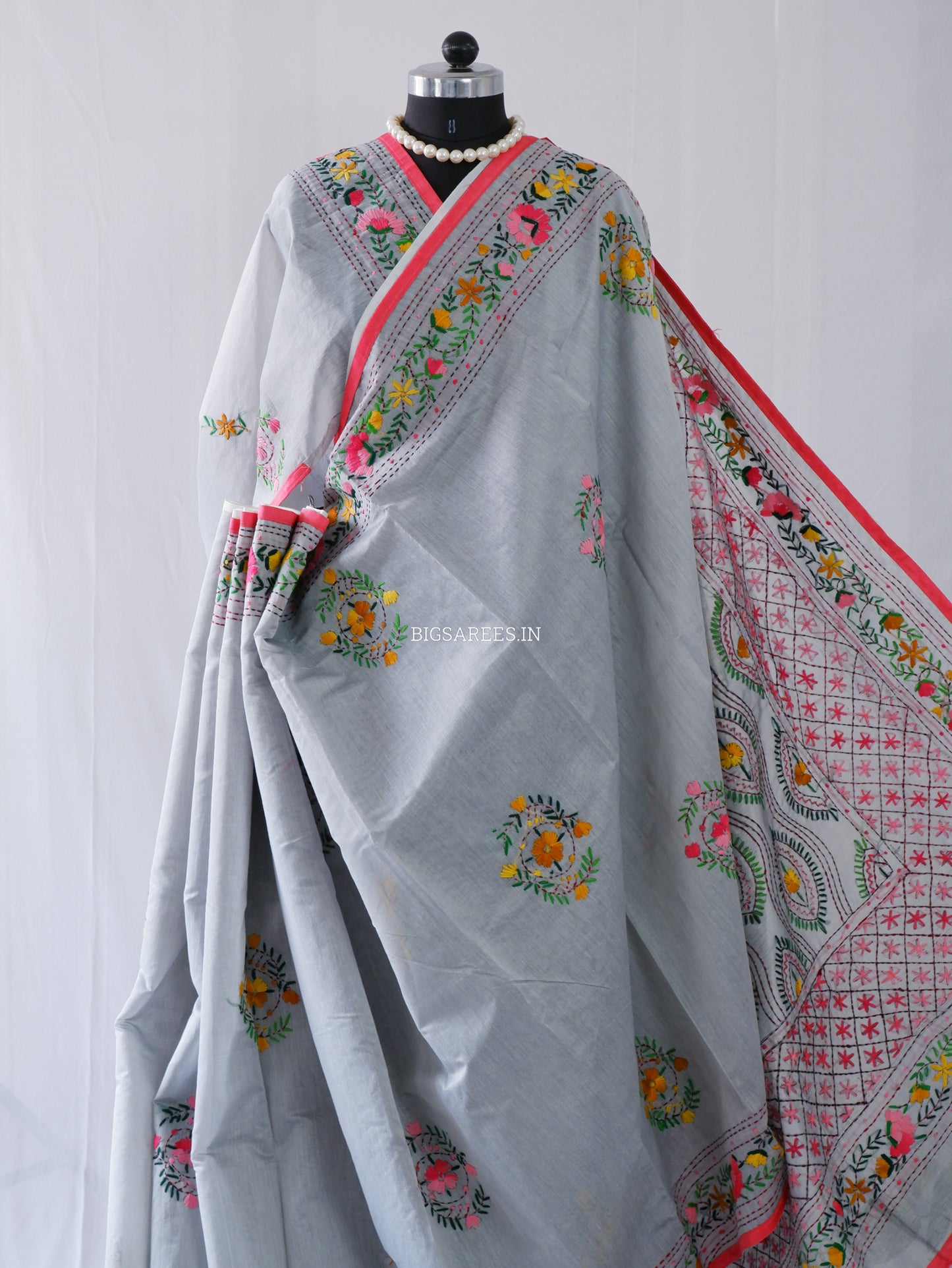 Phulkari Hand-Embroidered Saree | Chanderi Silk | Grey