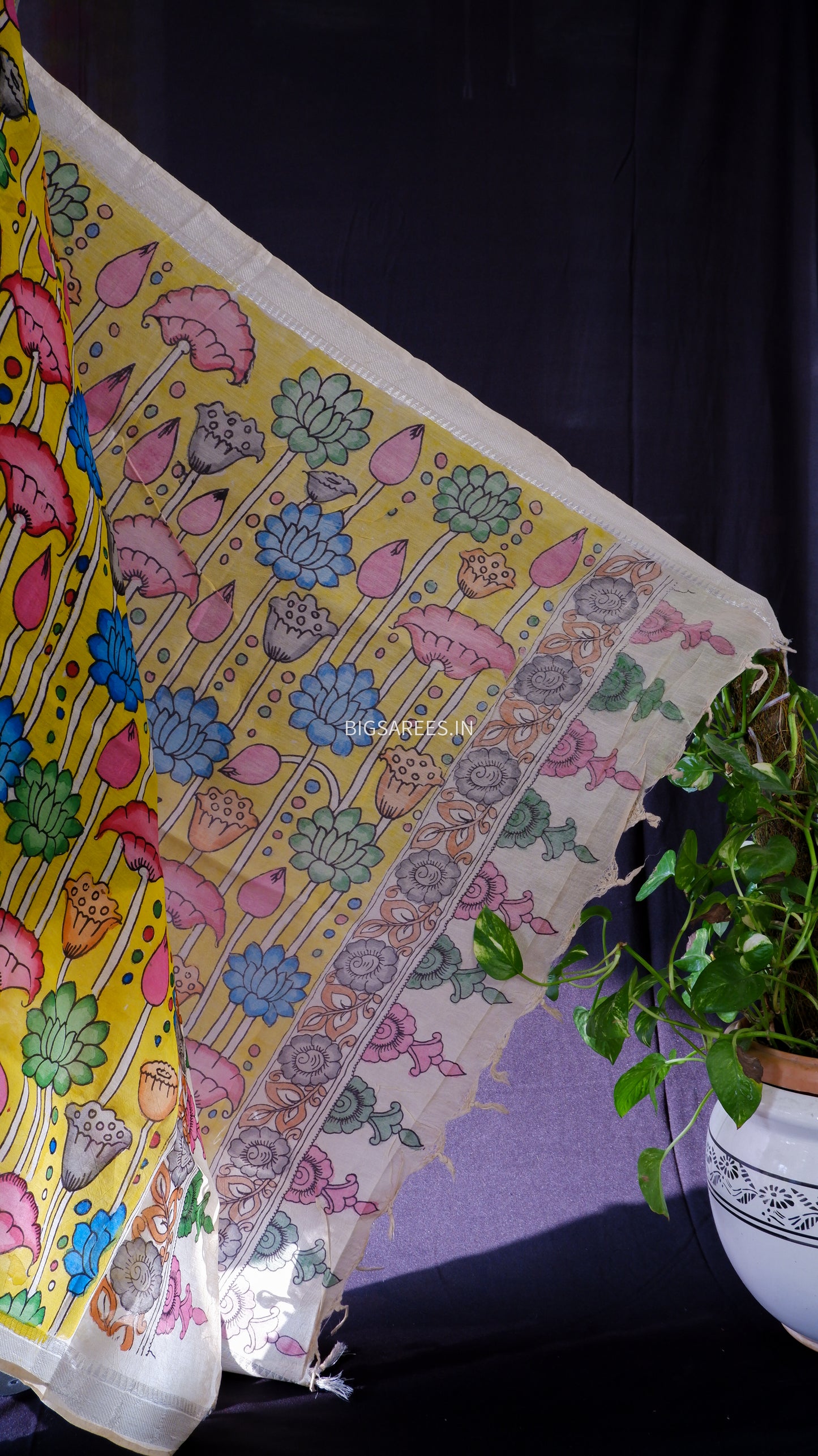 Pen Kalamkari Hand Painted Bangalore Silk Dupatta | Yellow | 36"