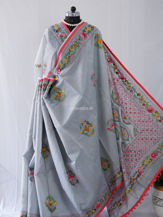 Phulkari Hand-Embroidered Saree | Chanderi Silk | Grey