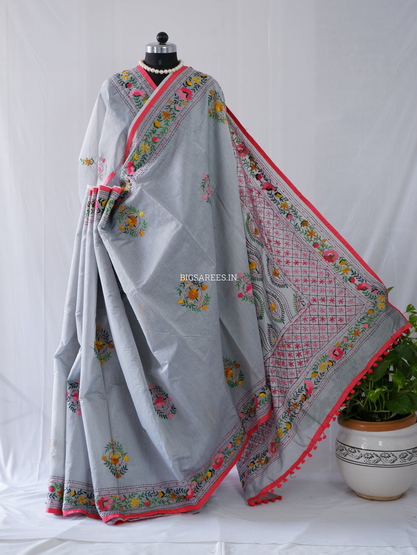 Phulkari Hand-Embroidered Saree | Chanderi Silk | Grey