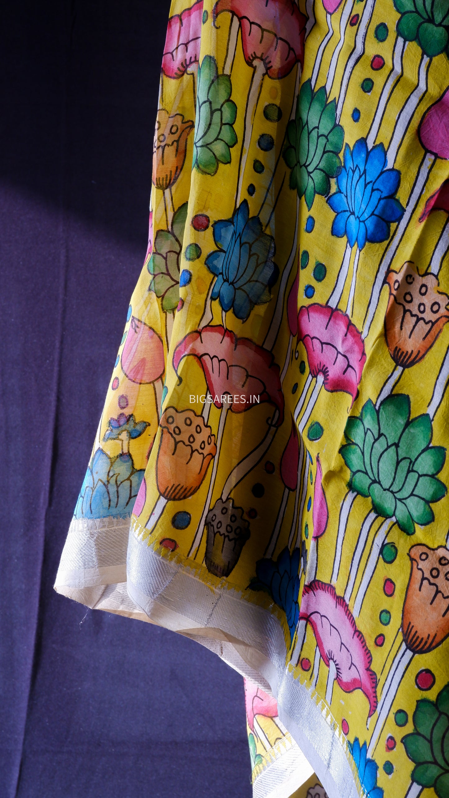 Pen Kalamkari Hand Painted Bangalore Silk Dupatta | Yellow | 36"