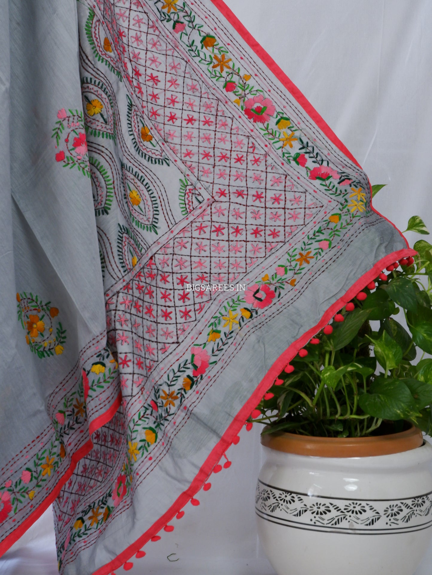 Phulkari Hand-Embroidered Saree | Chanderi Silk | Grey
