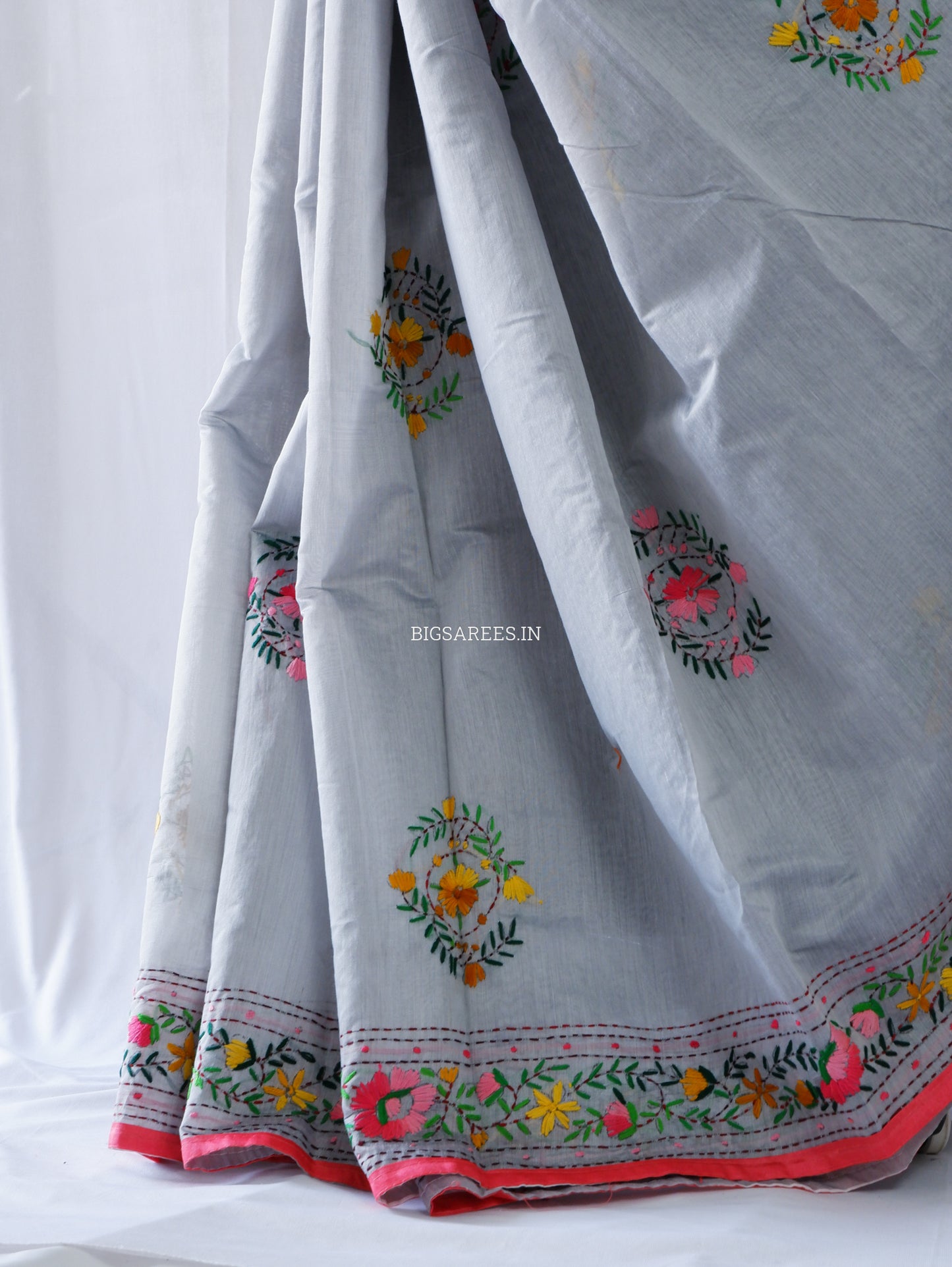 Phulkari Hand-Embroidered Saree | Chanderi Silk | Grey