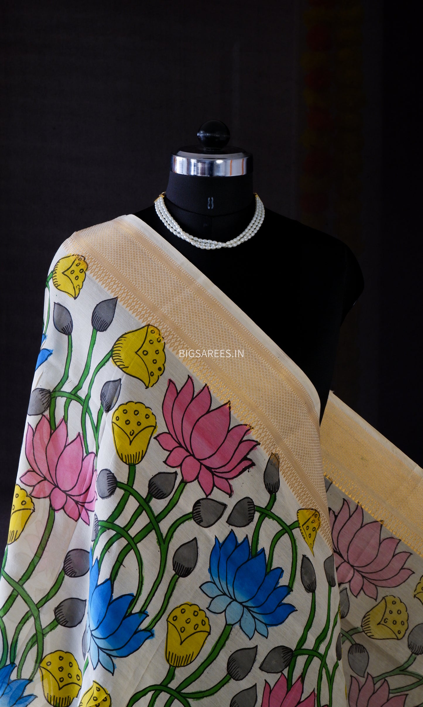 Pen Kalamkari Hand Painted Bangalore Silk Dupatta/White/36"