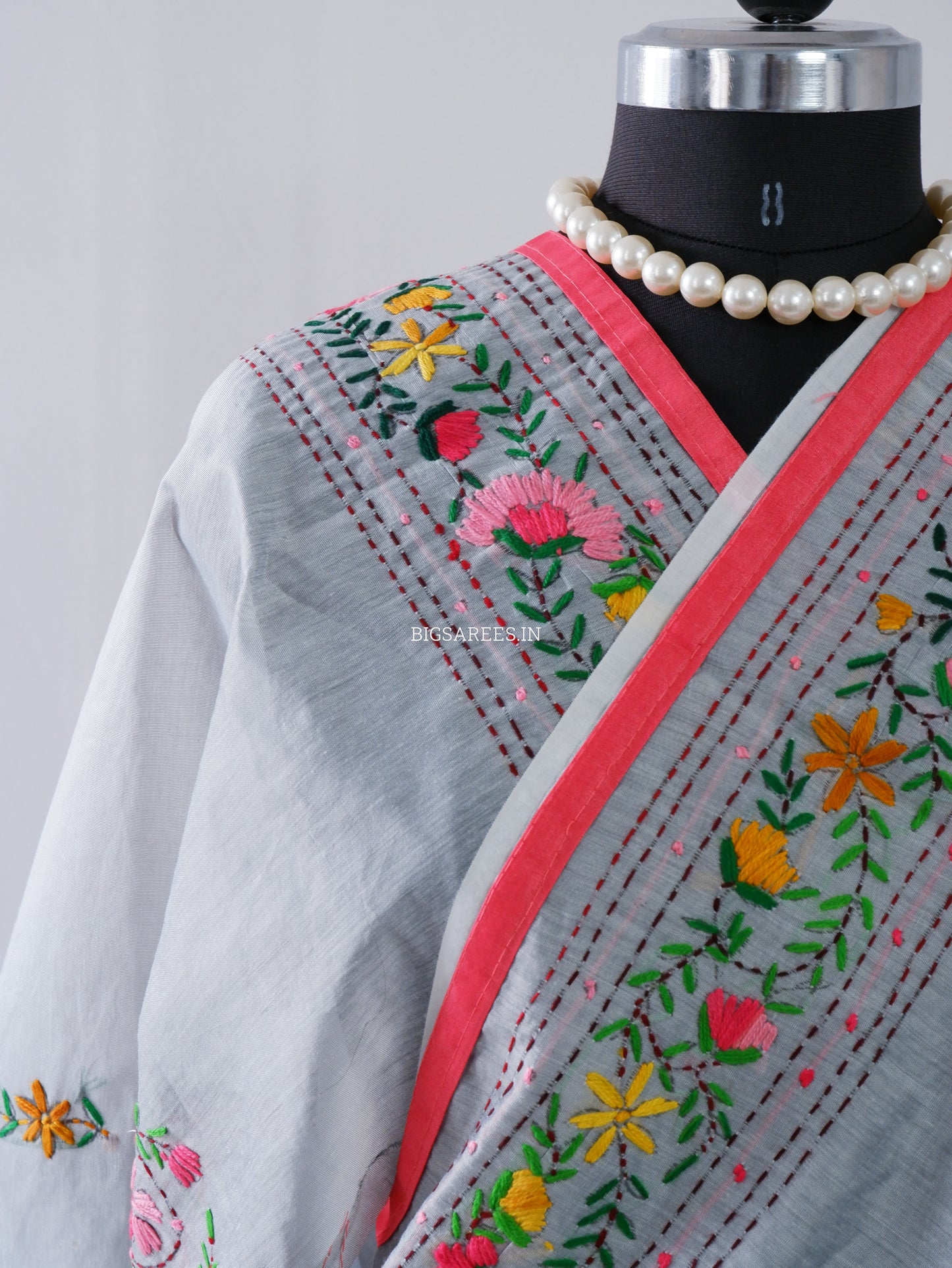 Phulkari Hand-Embroidered Saree | Chanderi Silk | Grey