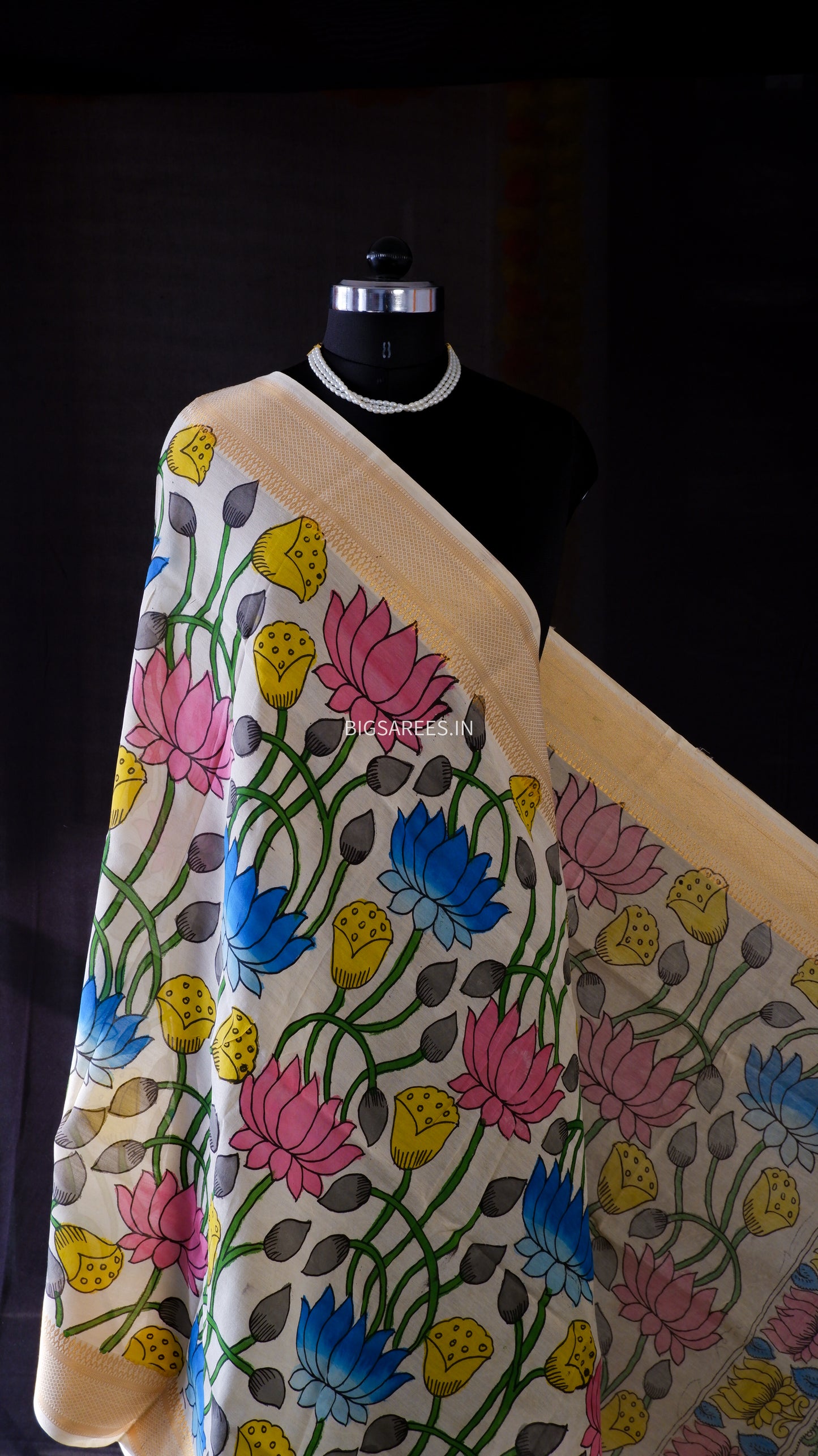 Pen Kalamkari Hand Painted Bangalore Silk Dupatta/White/36"