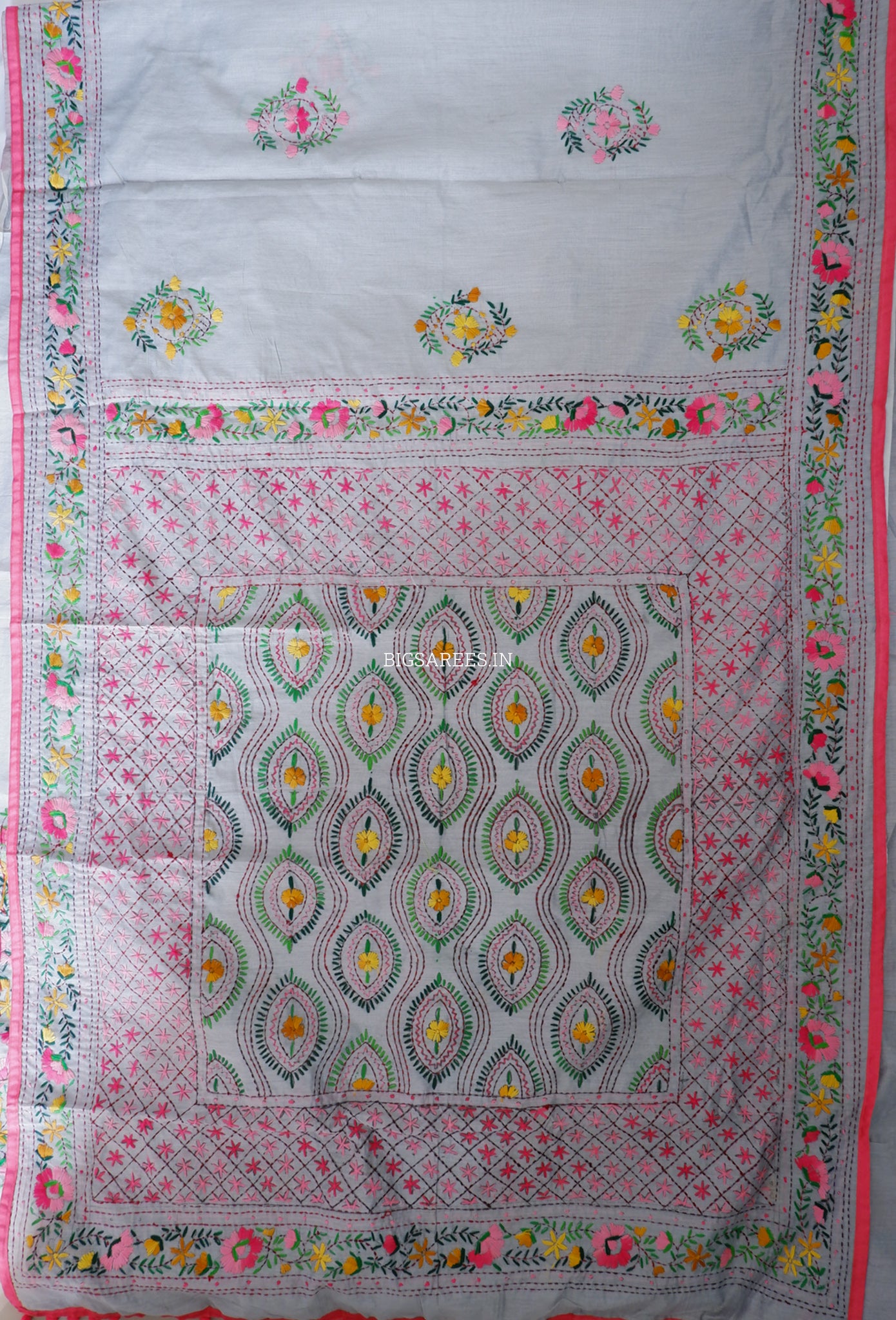 Phulkari Hand-Embroidered Saree | Chanderi Silk | Grey