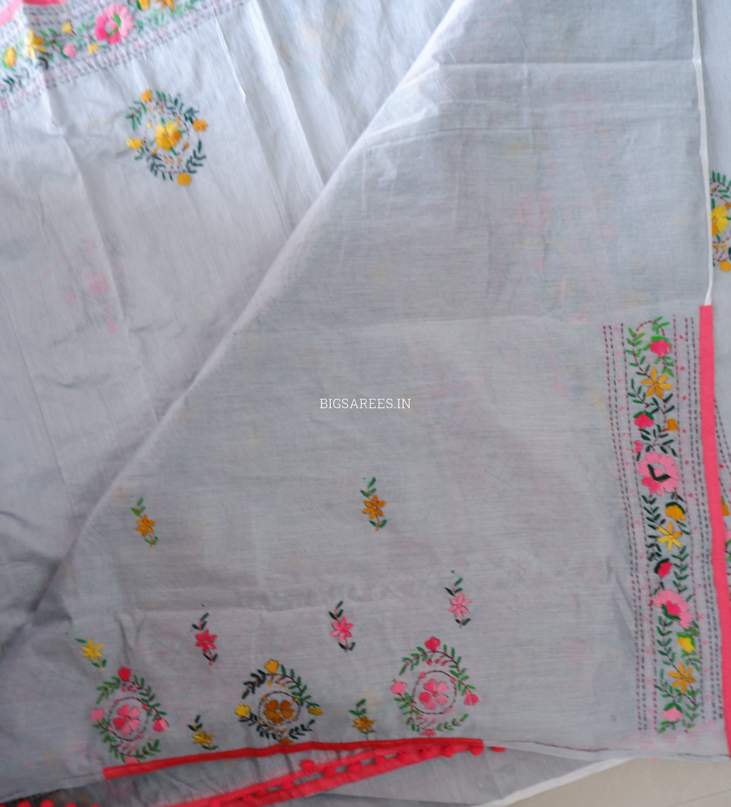 Phulkari Hand-Embroidered Saree | Chanderi Silk | Grey
