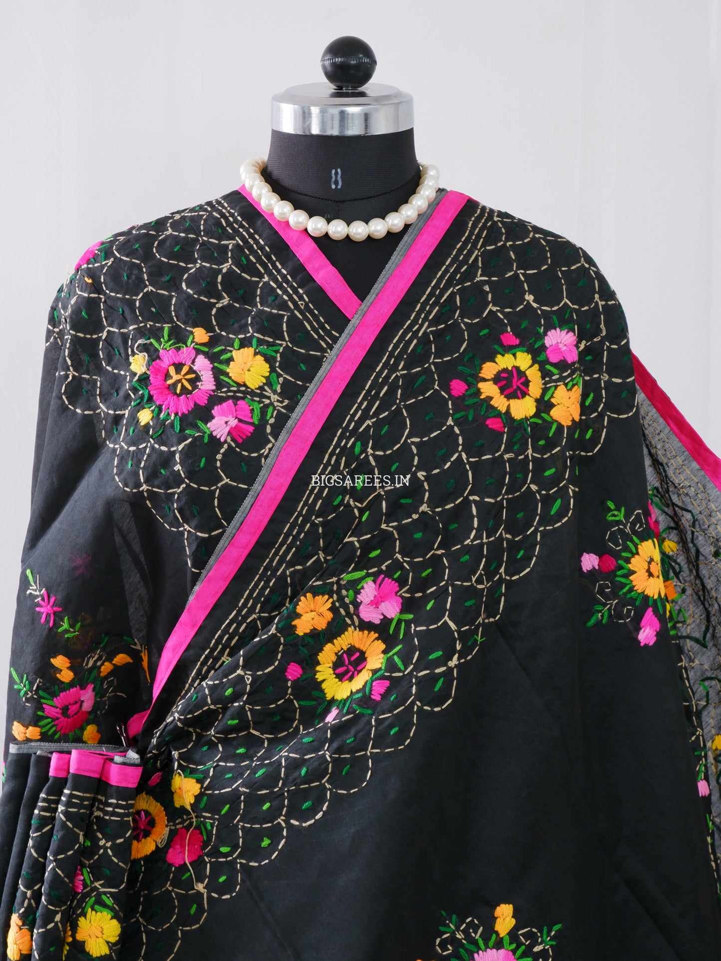 Phulkari Hand-Embroidered Saree | Chanderi Silk | Black
