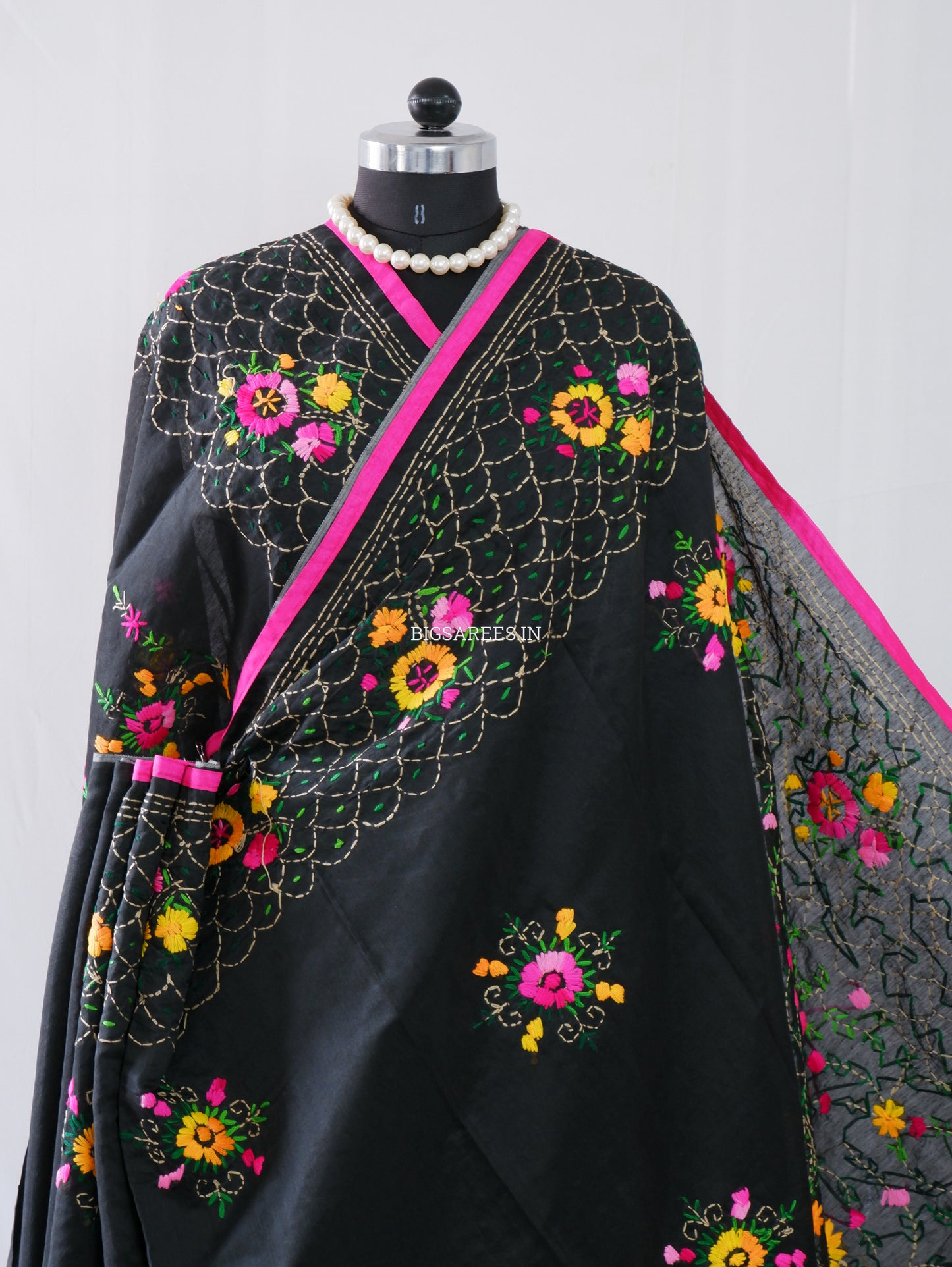 Phulkari Hand-Embroidered Saree | Chanderi Silk | Black