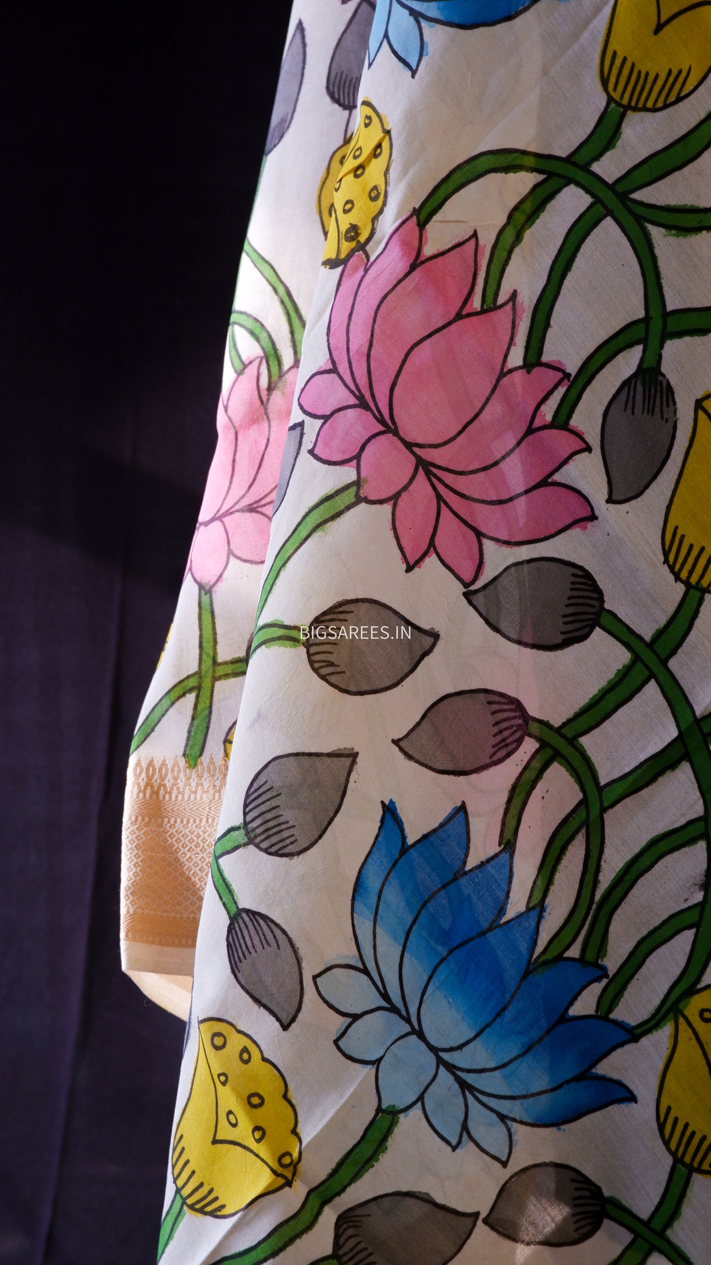 Pen Kalamkari Hand Painted Bangalore Silk Dupatta/White/36"