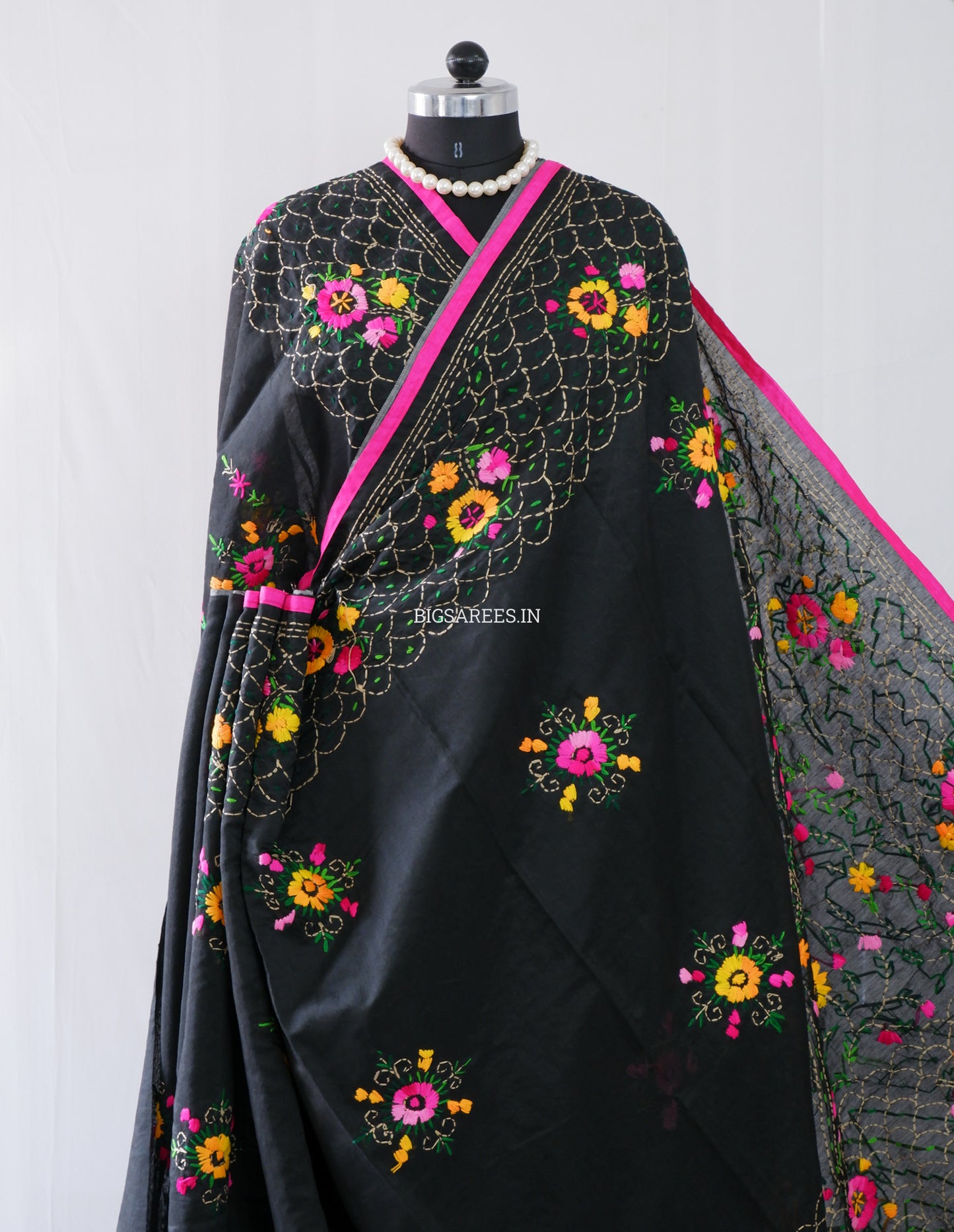 Phulkari Hand-Embroidered Saree | Chanderi Silk | Black