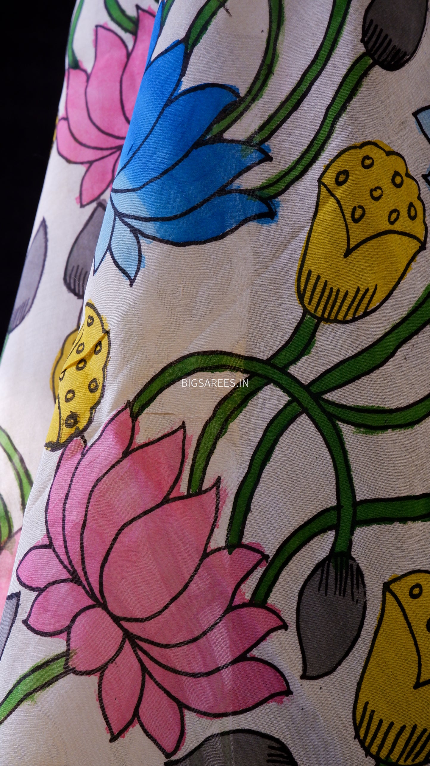 Pen Kalamkari Hand Painted Bangalore Silk Dupatta/White/36"