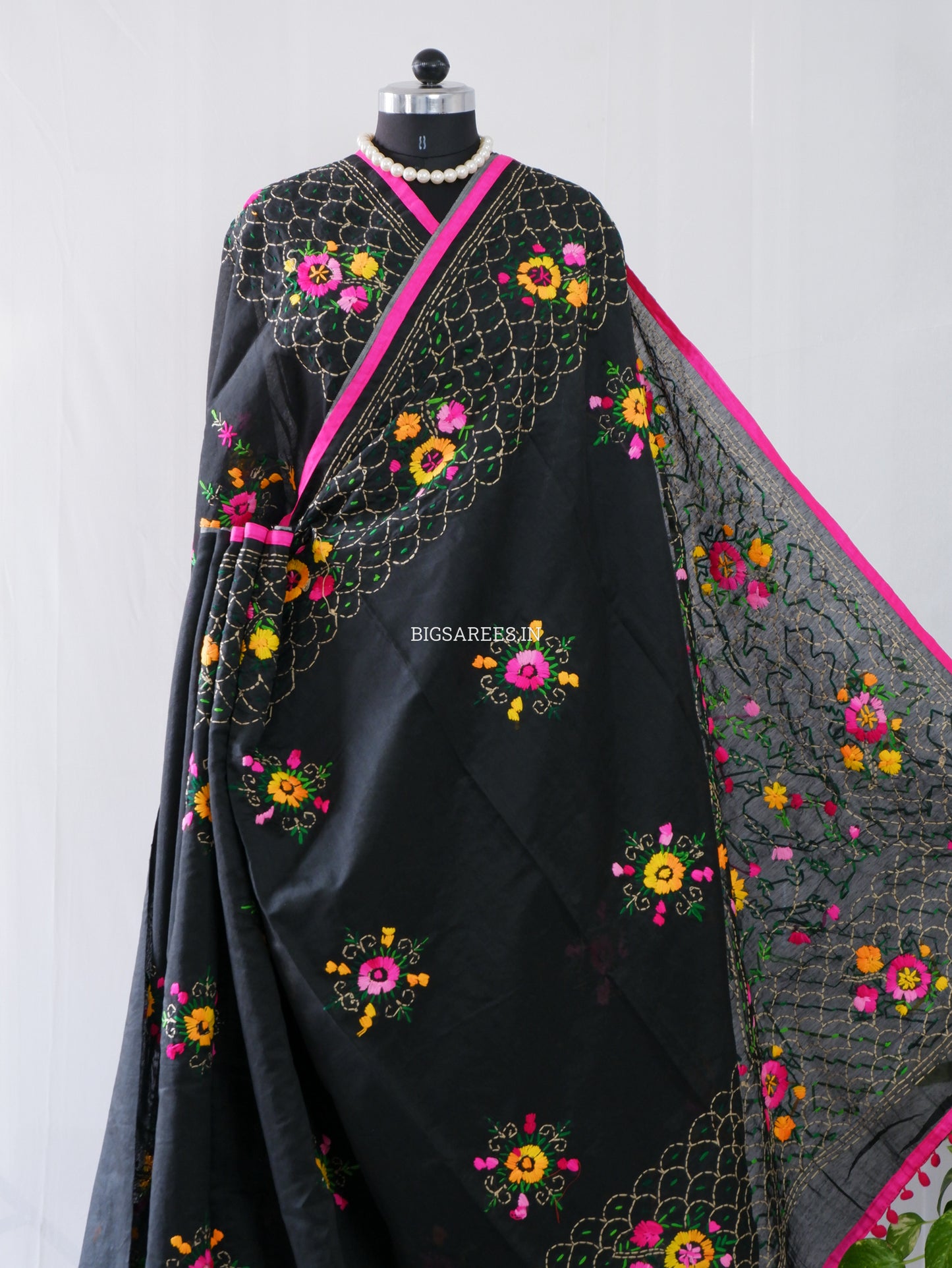 Phulkari Hand-Embroidered Saree | Chanderi Silk | Black
