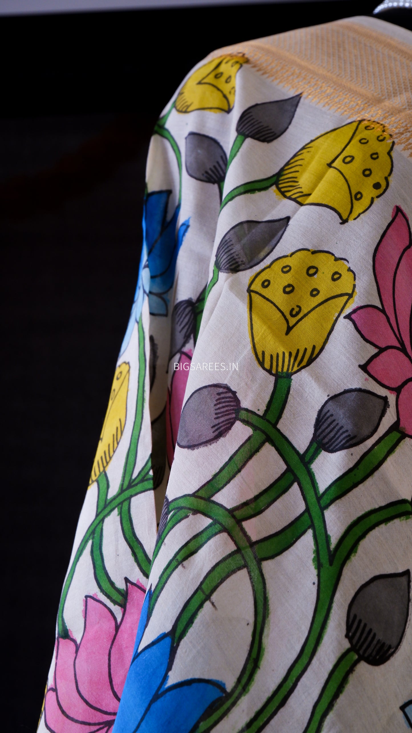 Pen Kalamkari Hand Painted Bangalore Silk Dupatta/White/36"