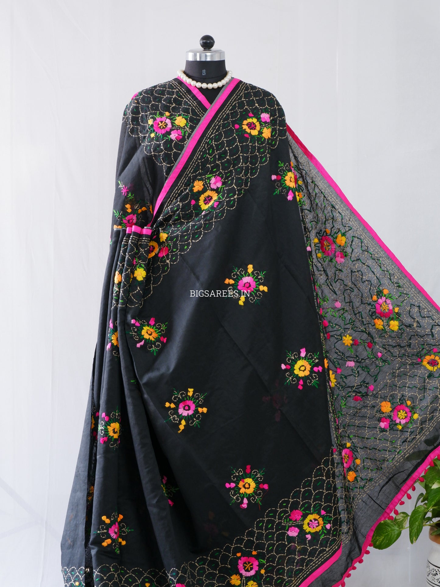 Phulkari Hand-Embroidered Saree | Chanderi Silk | Black