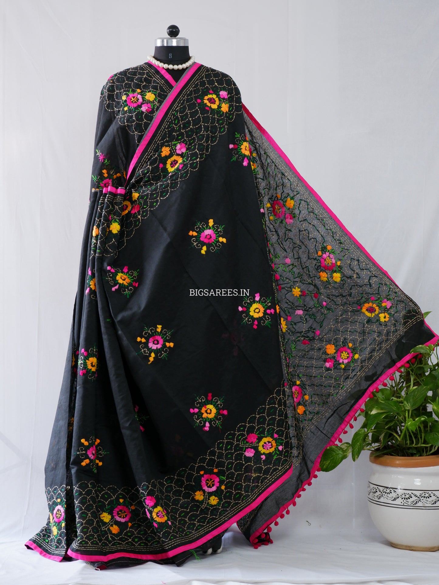 Phulkari Hand-Embroidered Saree | Chanderi Silk | Black