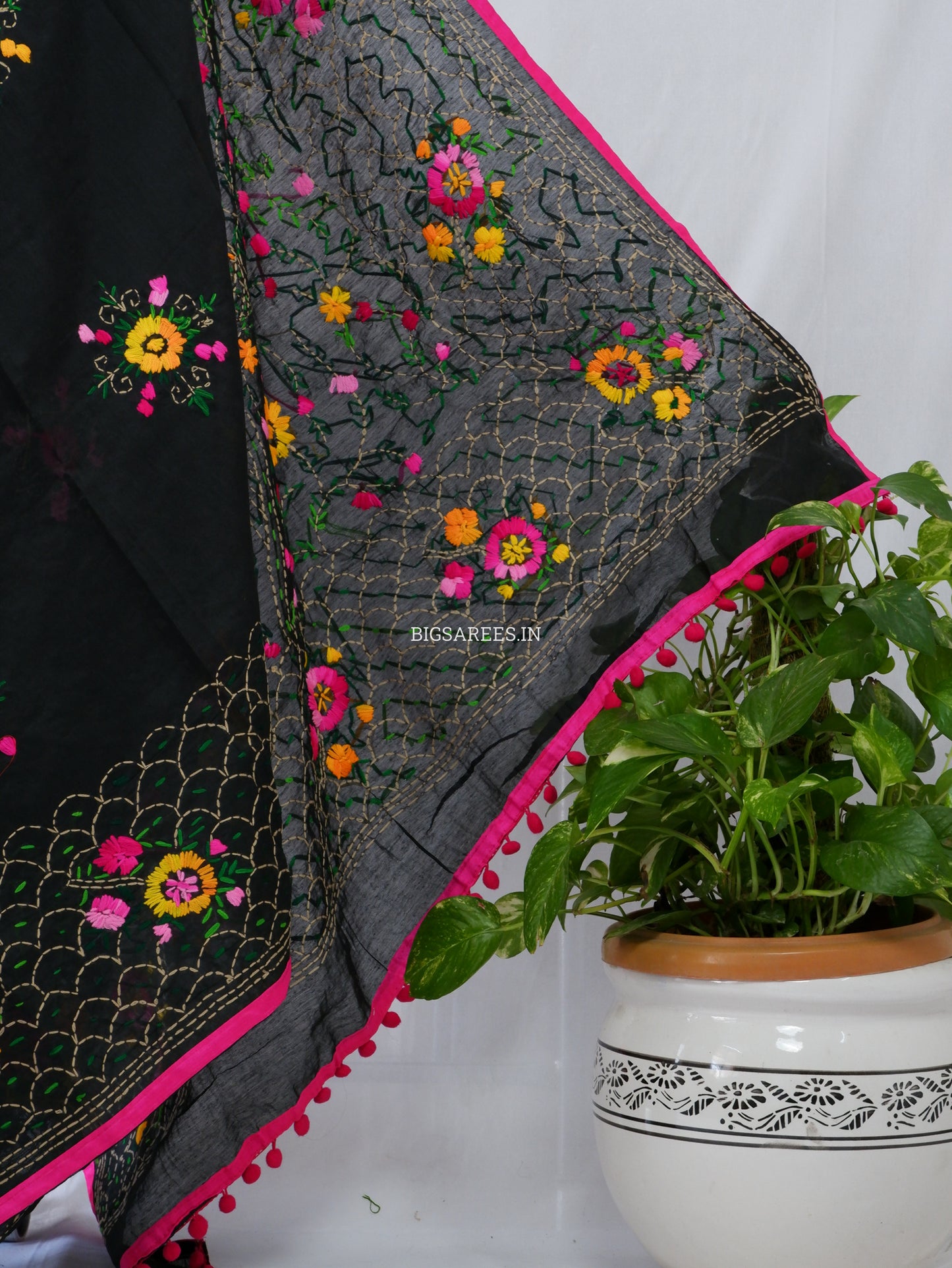 Phulkari Hand-Embroidered Saree | Chanderi Silk | Black