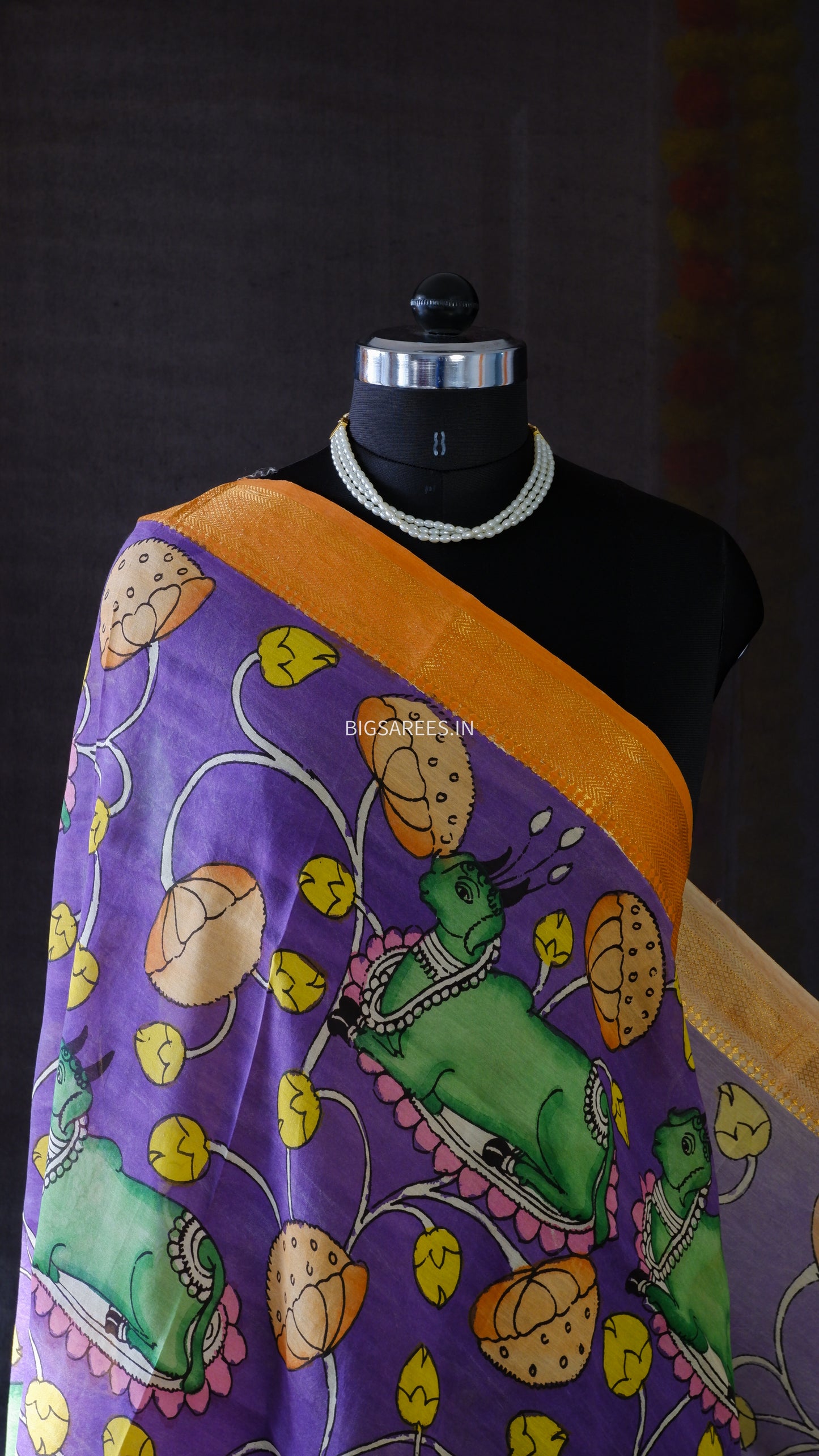 Pen Kalamkari Hand Painted Bangalore Silk Dupatta/Violet/36"