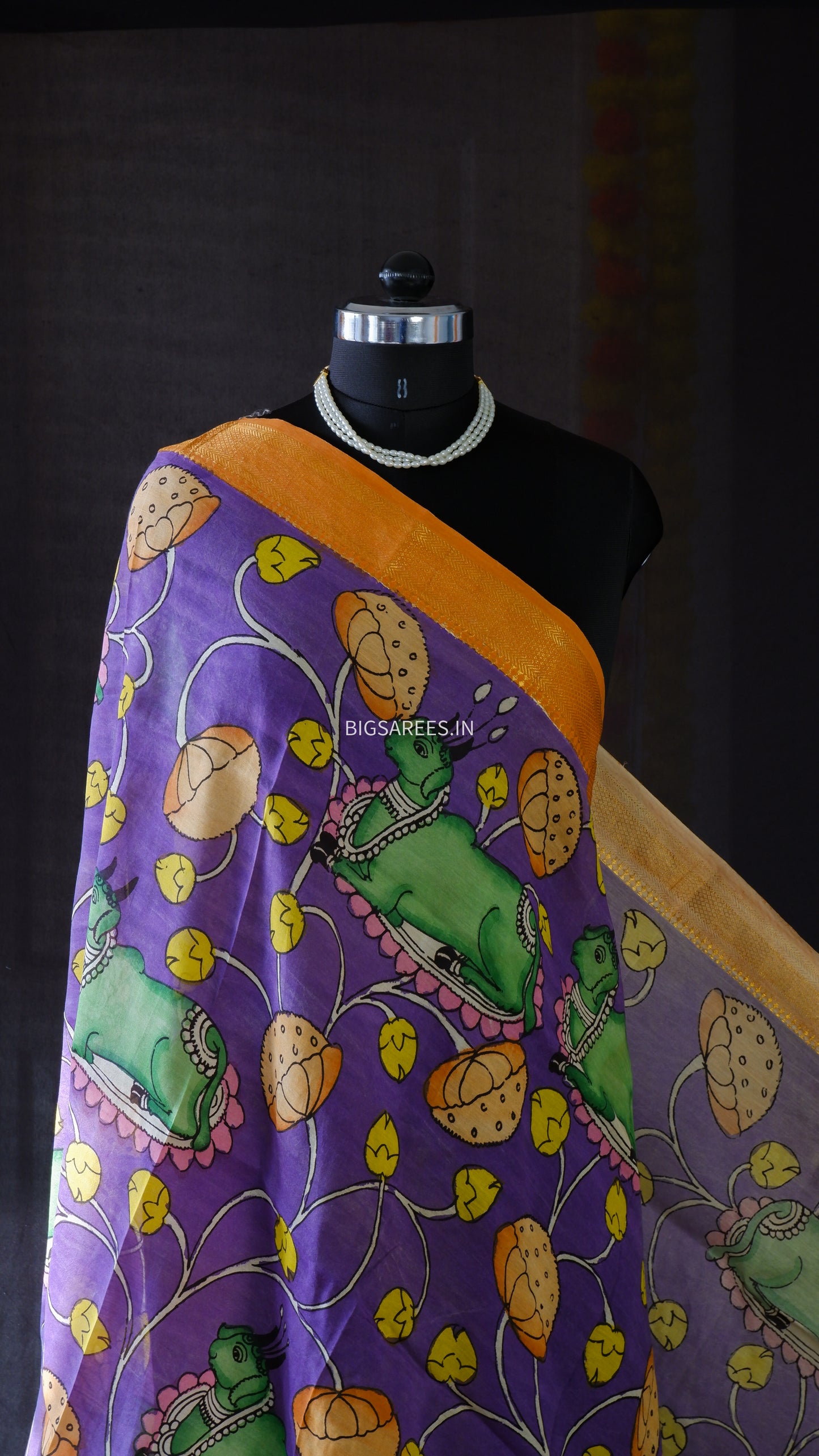 Pen Kalamkari Hand Painted Bangalore Silk Dupatta/Violet/36"