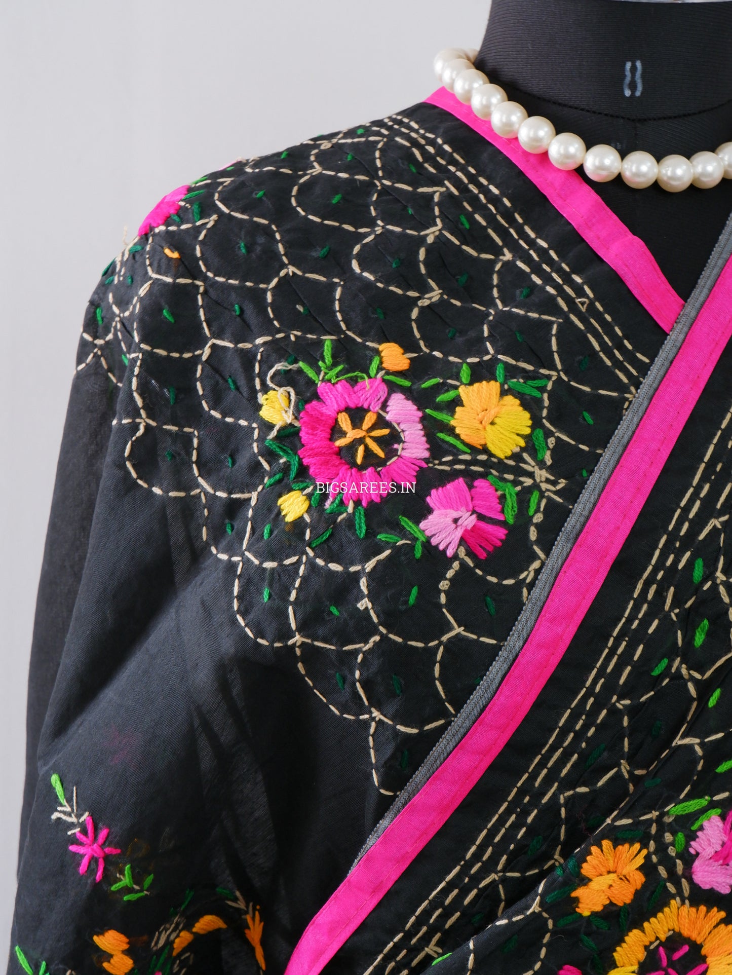 Phulkari Hand-Embroidered Saree | Chanderi Silk | Black