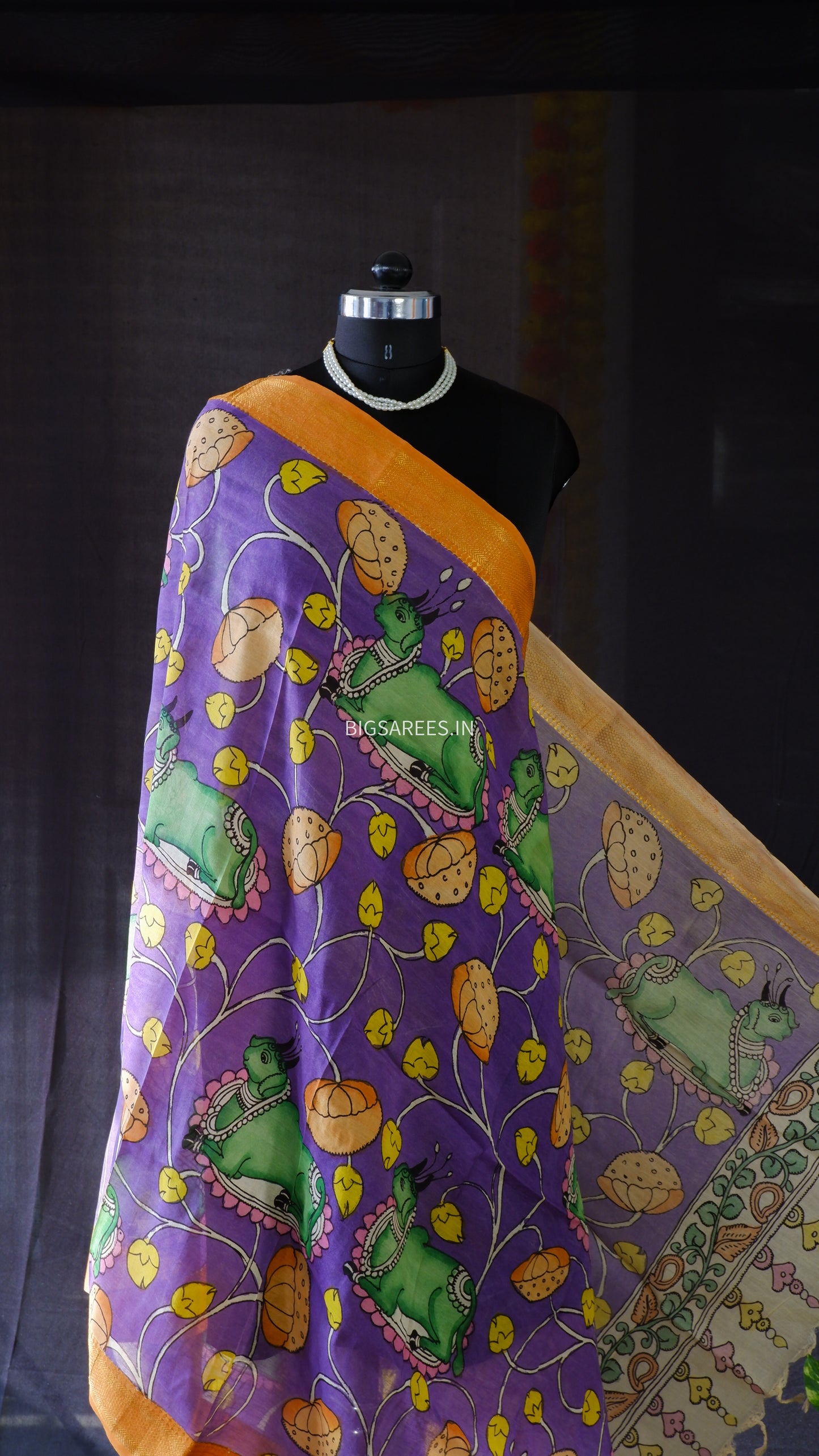 Pen Kalamkari Hand Painted Bangalore Silk Dupatta/Violet/36"
