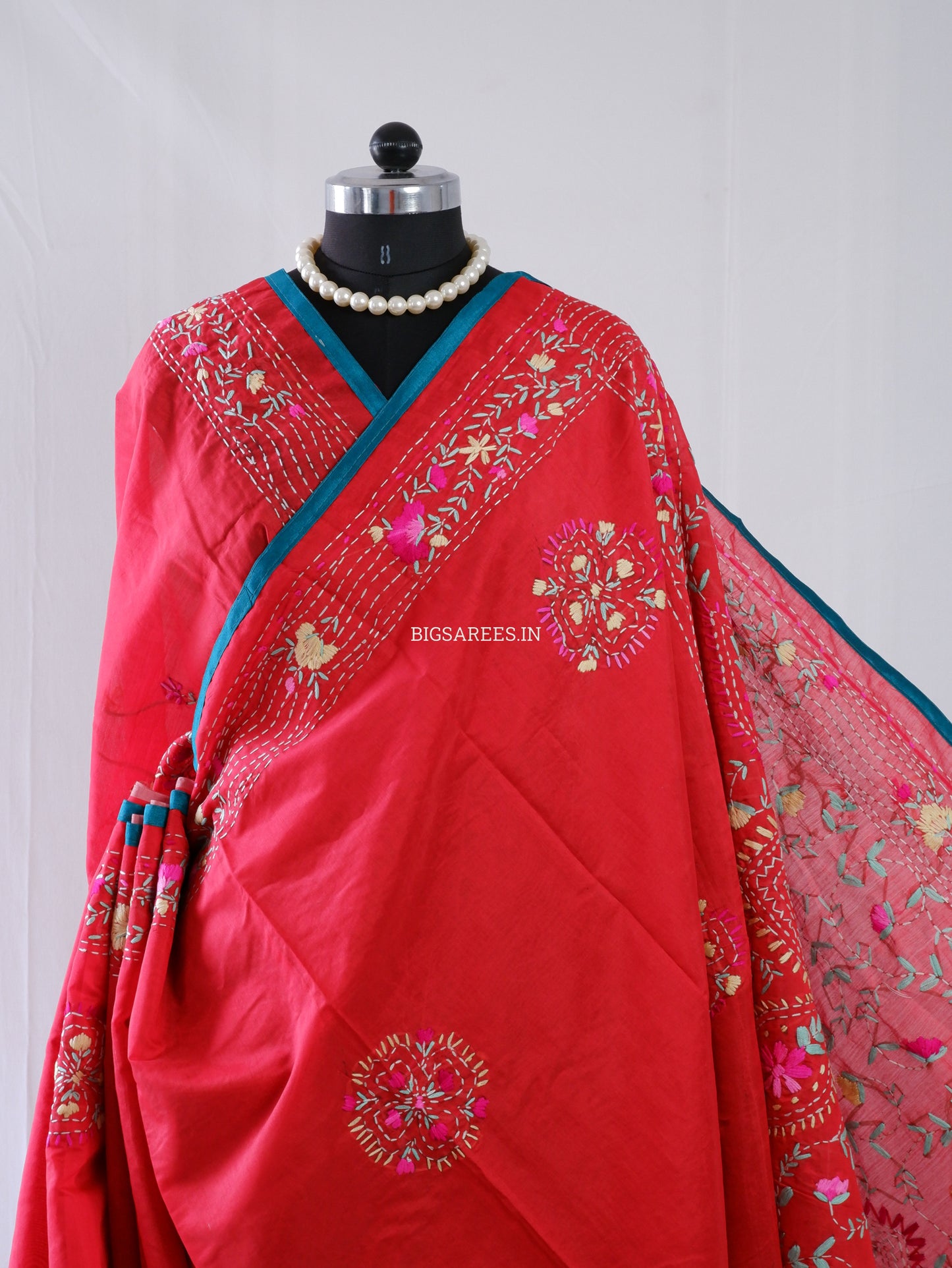 Phulkari Hand-Embroidered Saree | Chanderi Silk | Red