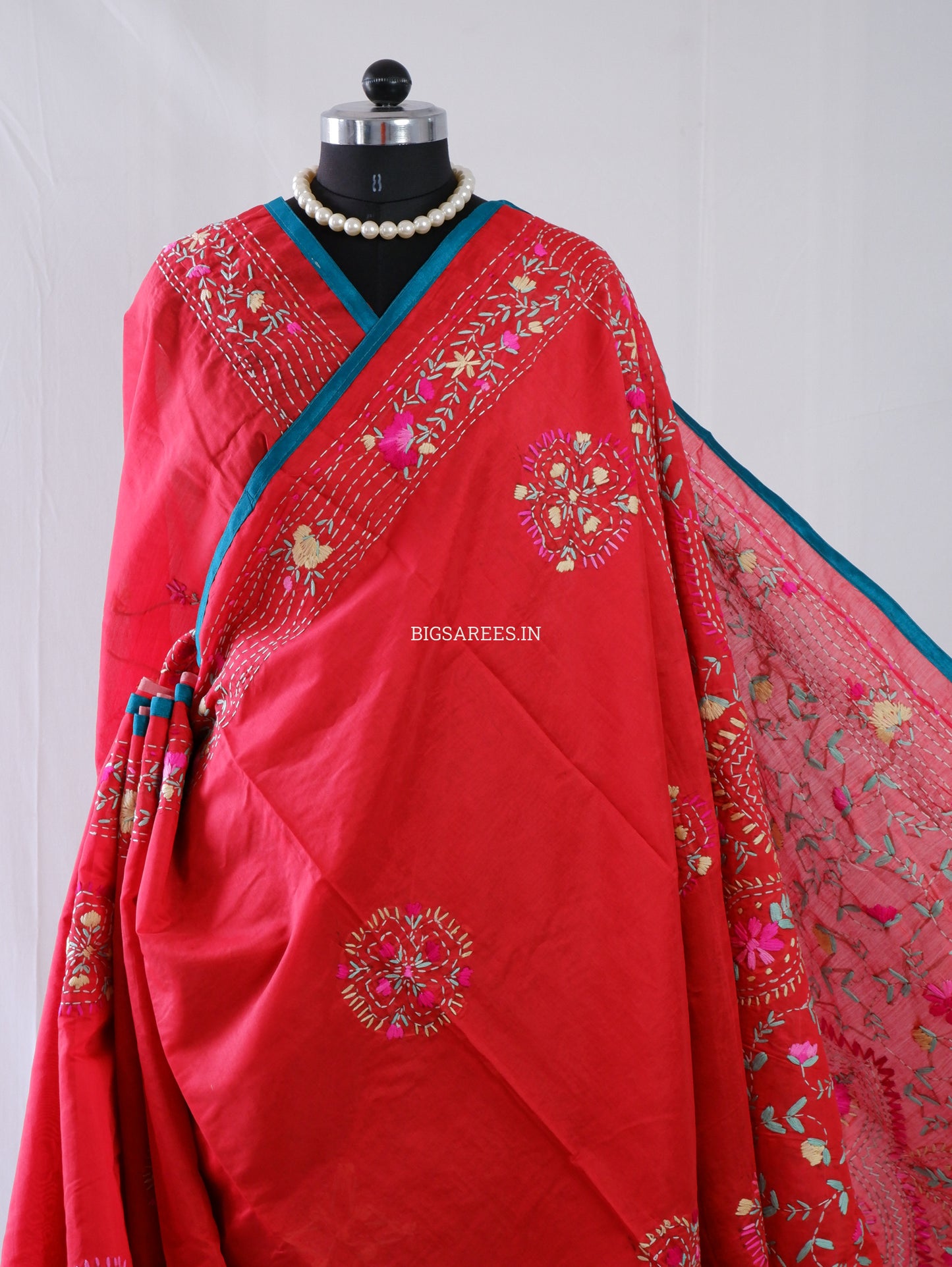 Phulkari Hand-Embroidered Saree | Chanderi Silk | Red