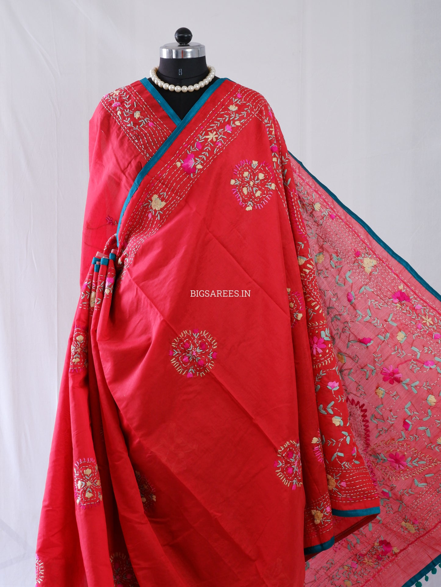 Phulkari Hand-Embroidered Saree | Chanderi Silk | Red