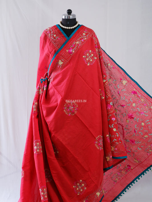 Phulkari Hand-Embroidered Saree | Chanderi Silk | Red