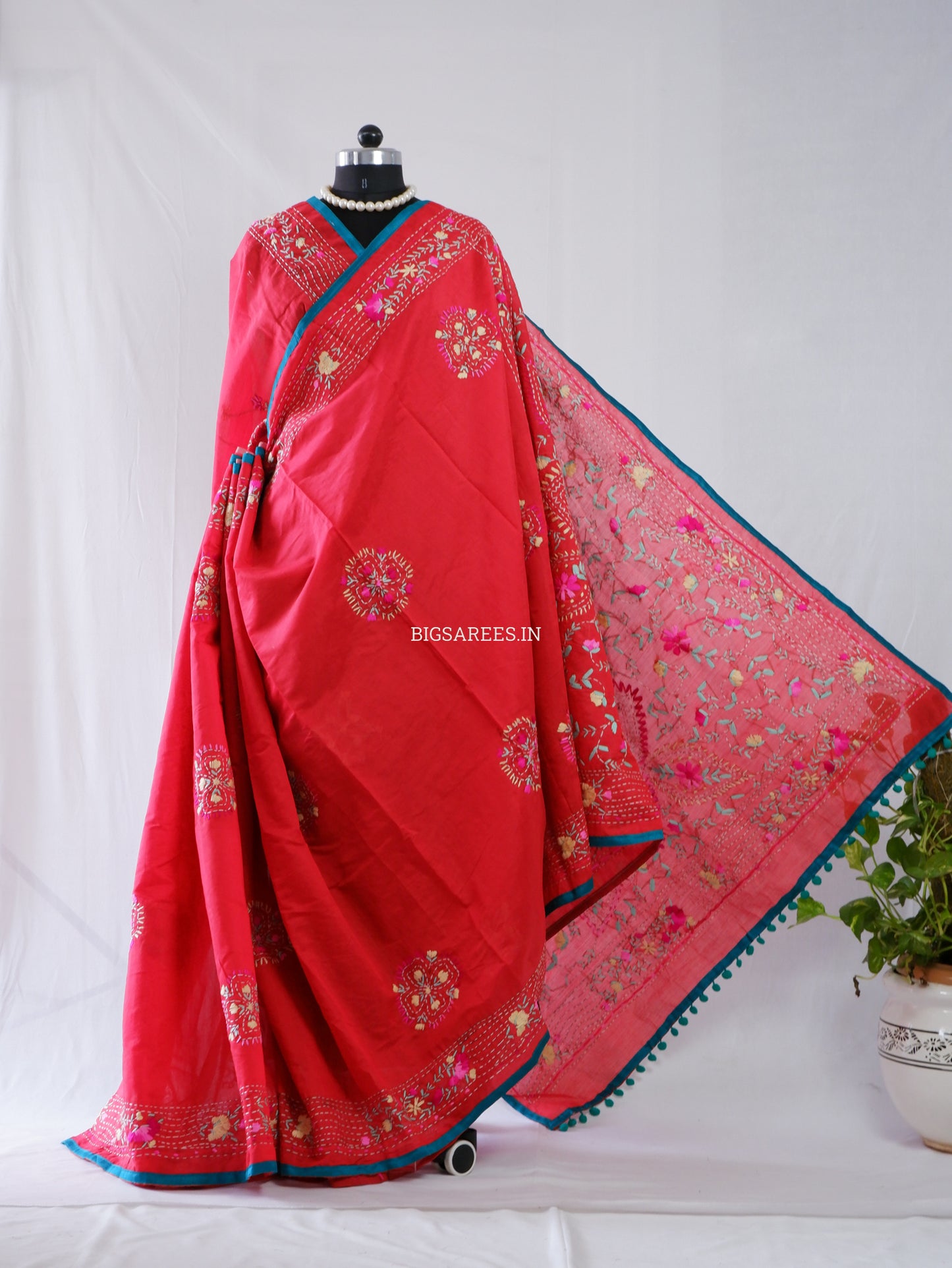 Phulkari Hand-Embroidered Saree | Chanderi Silk | Red