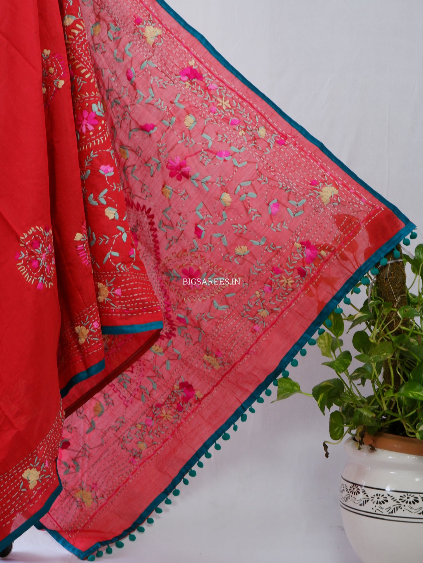 Phulkari Hand-Embroidered Saree | Chanderi Silk | Red