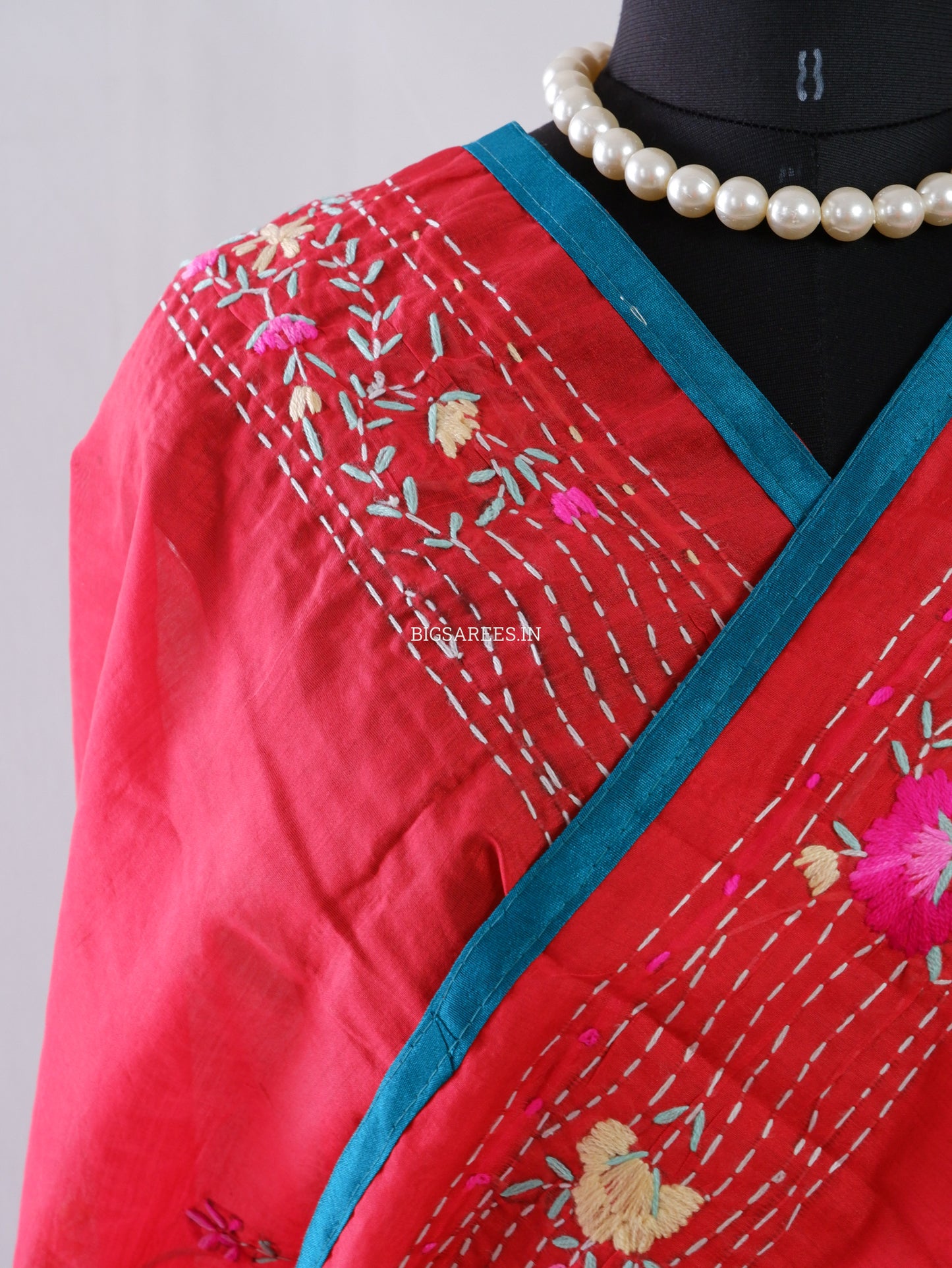 Phulkari Hand-Embroidered Saree | Chanderi Silk | Red