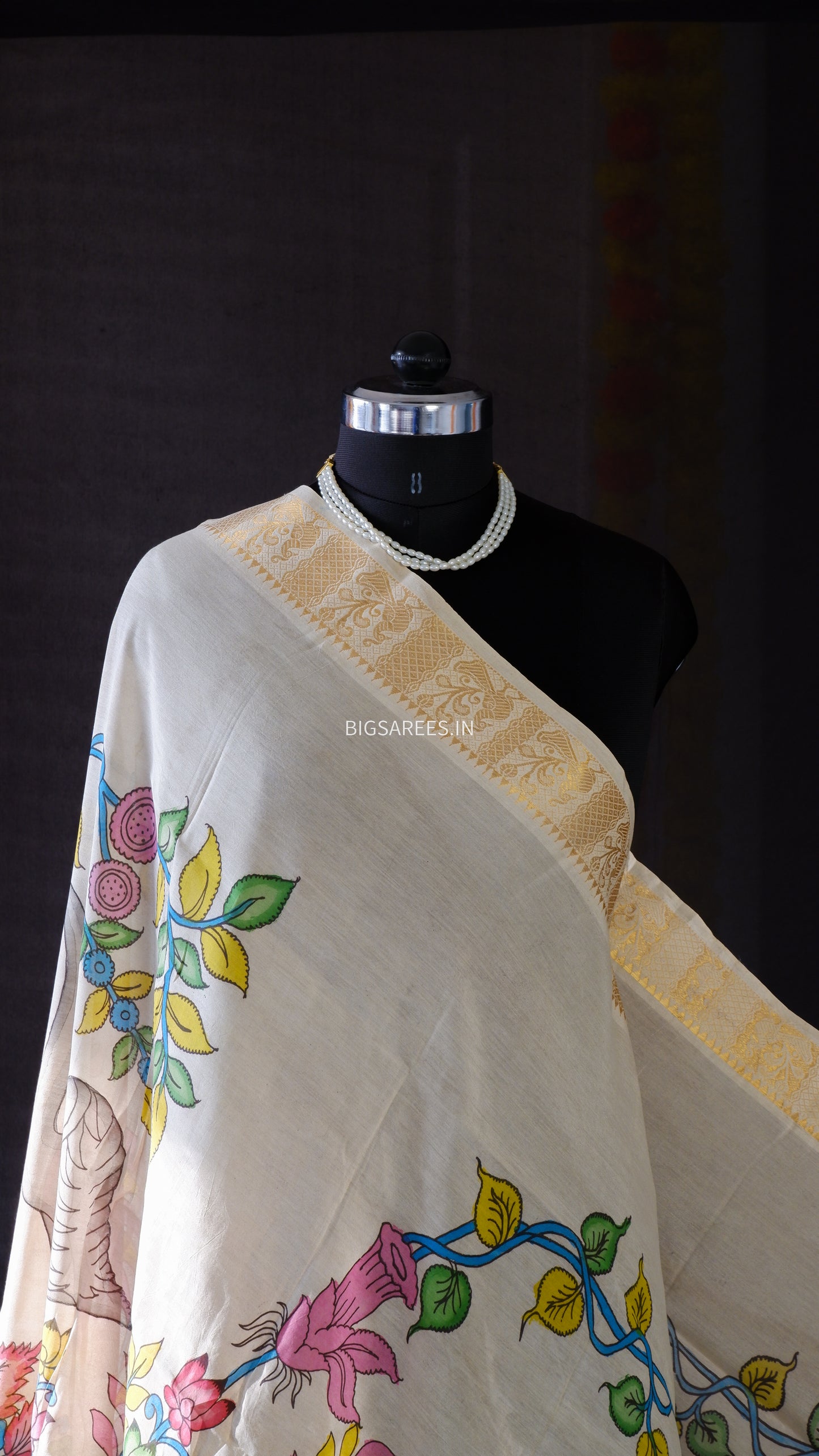 Pen Kalamkari Hand Painted Bangalore Silk Dupatta/Yellow/36"