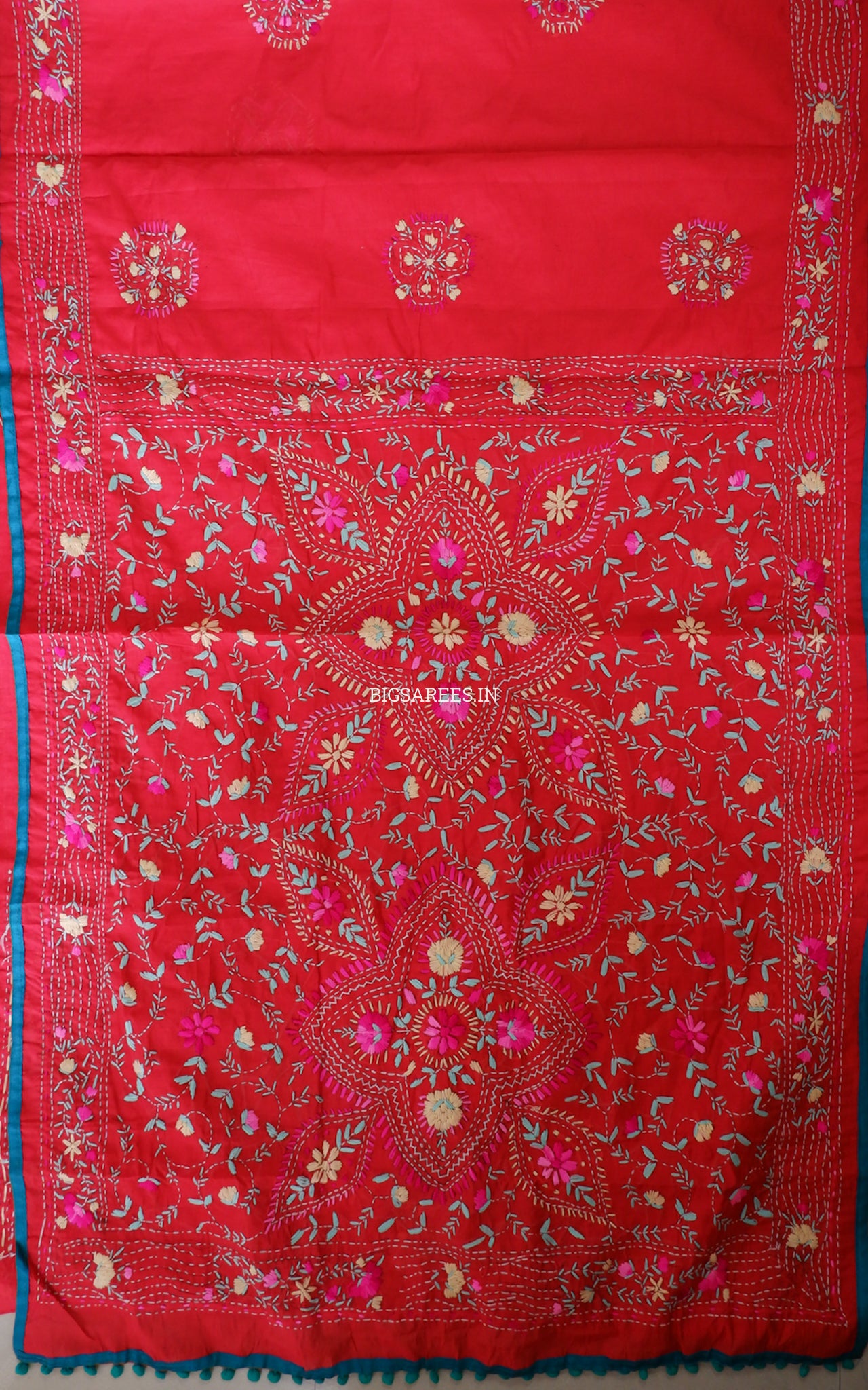 Phulkari Hand-Embroidered Saree | Chanderi Silk | Red