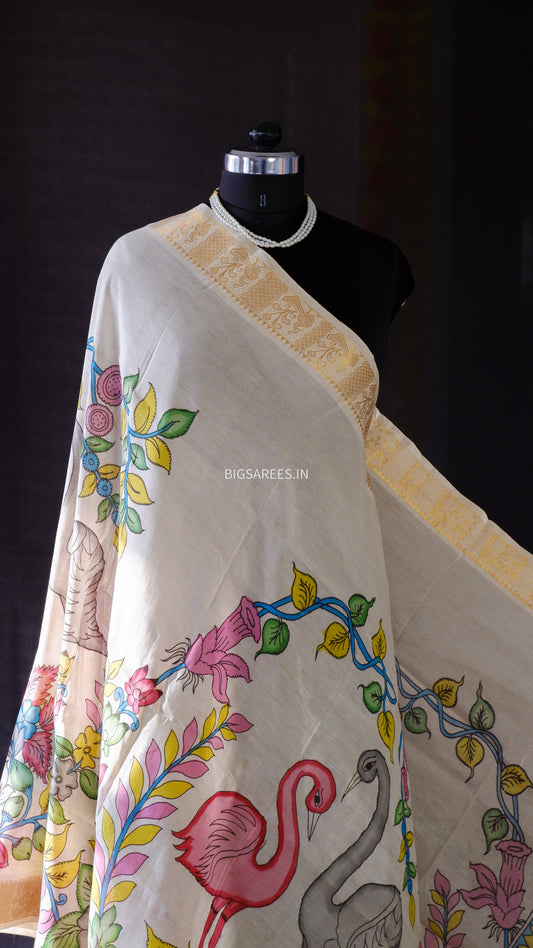 Pen Kalamkari Hand Painted Bangalore Silk Dupatta | White | 36"