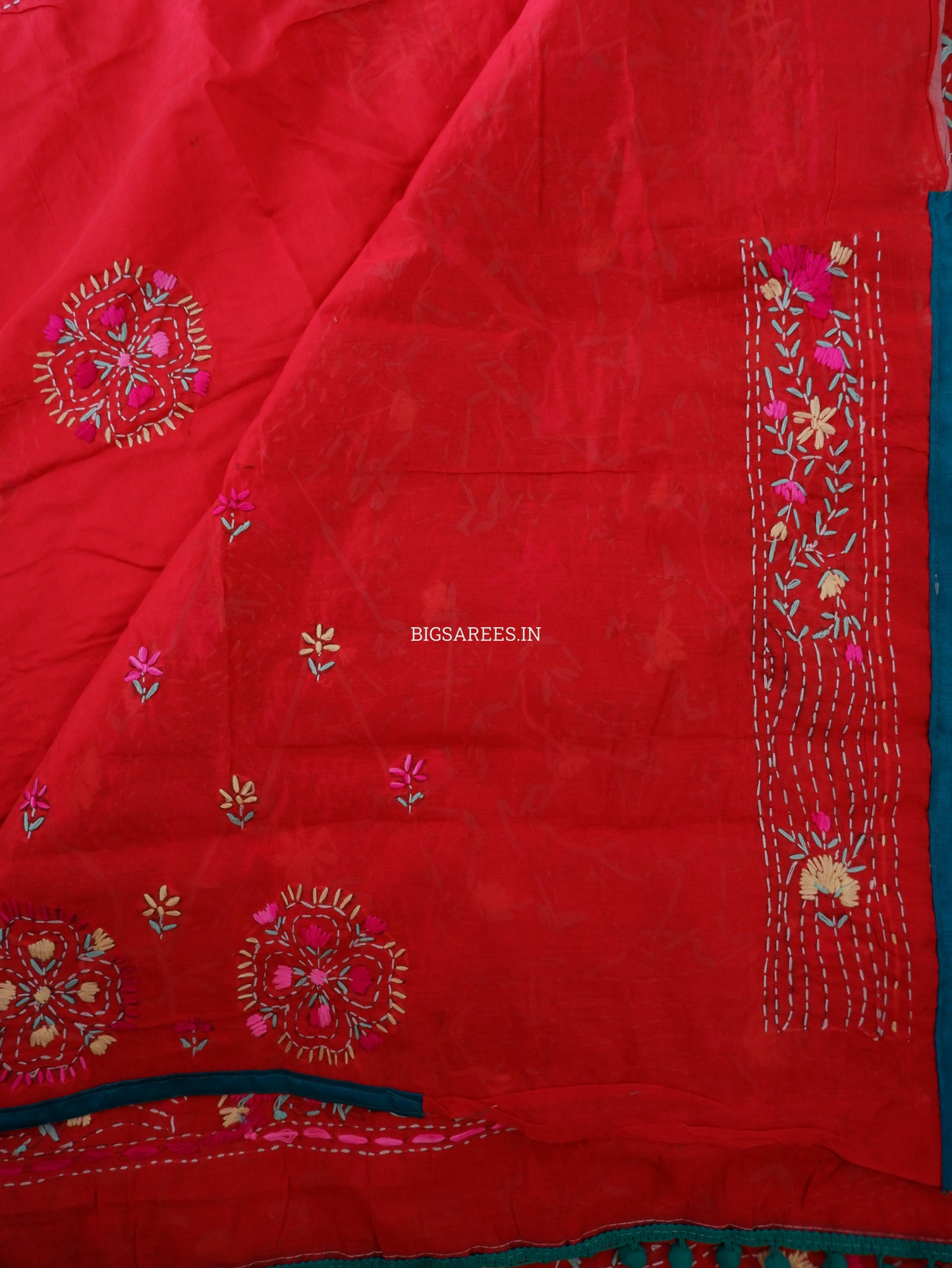 Phulkari Hand-Embroidered Saree | Chanderi Silk | Red