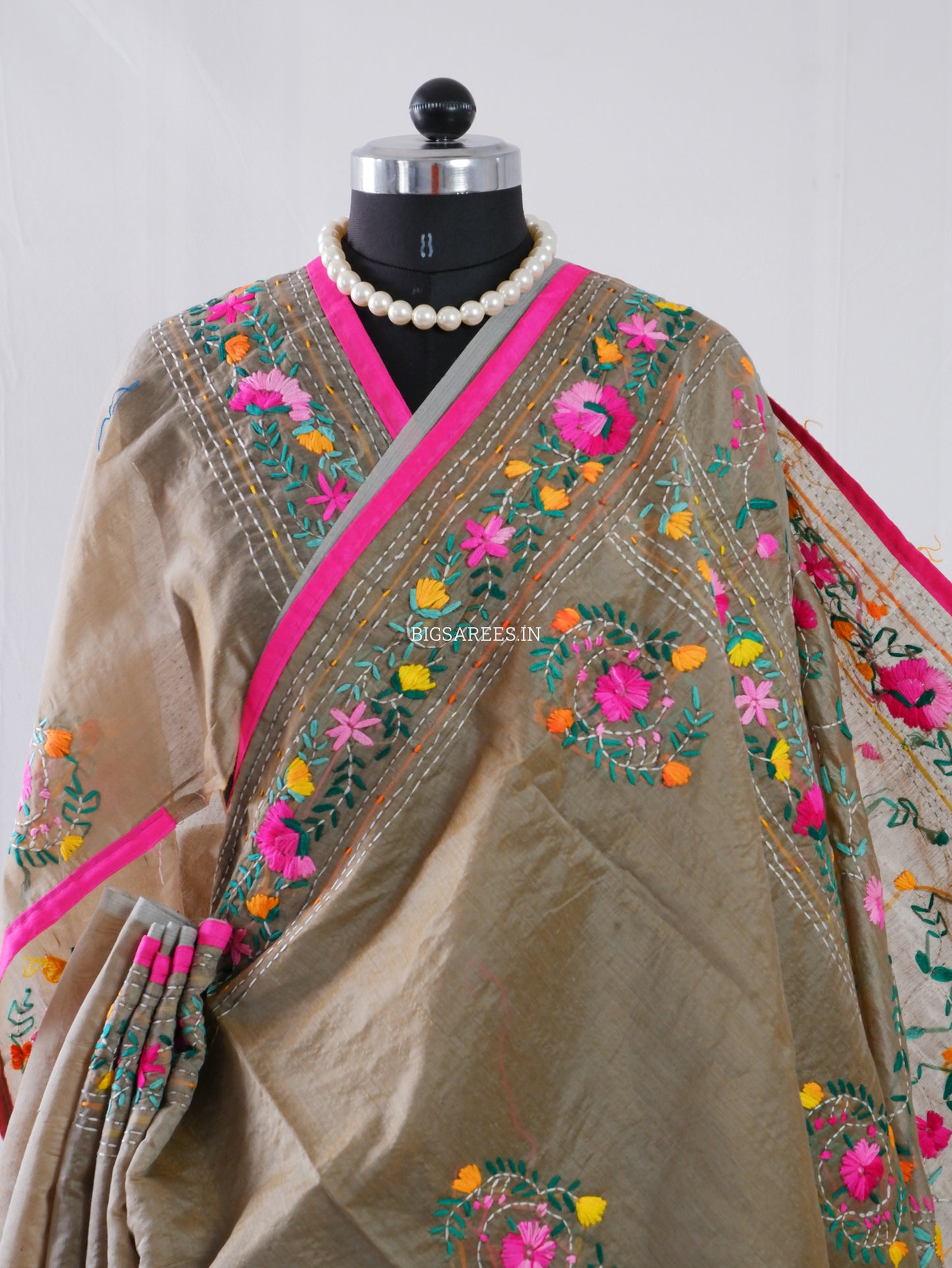 Phulkari Hand-Embroidered Saree | Chanderi Silk | Light Olive Green