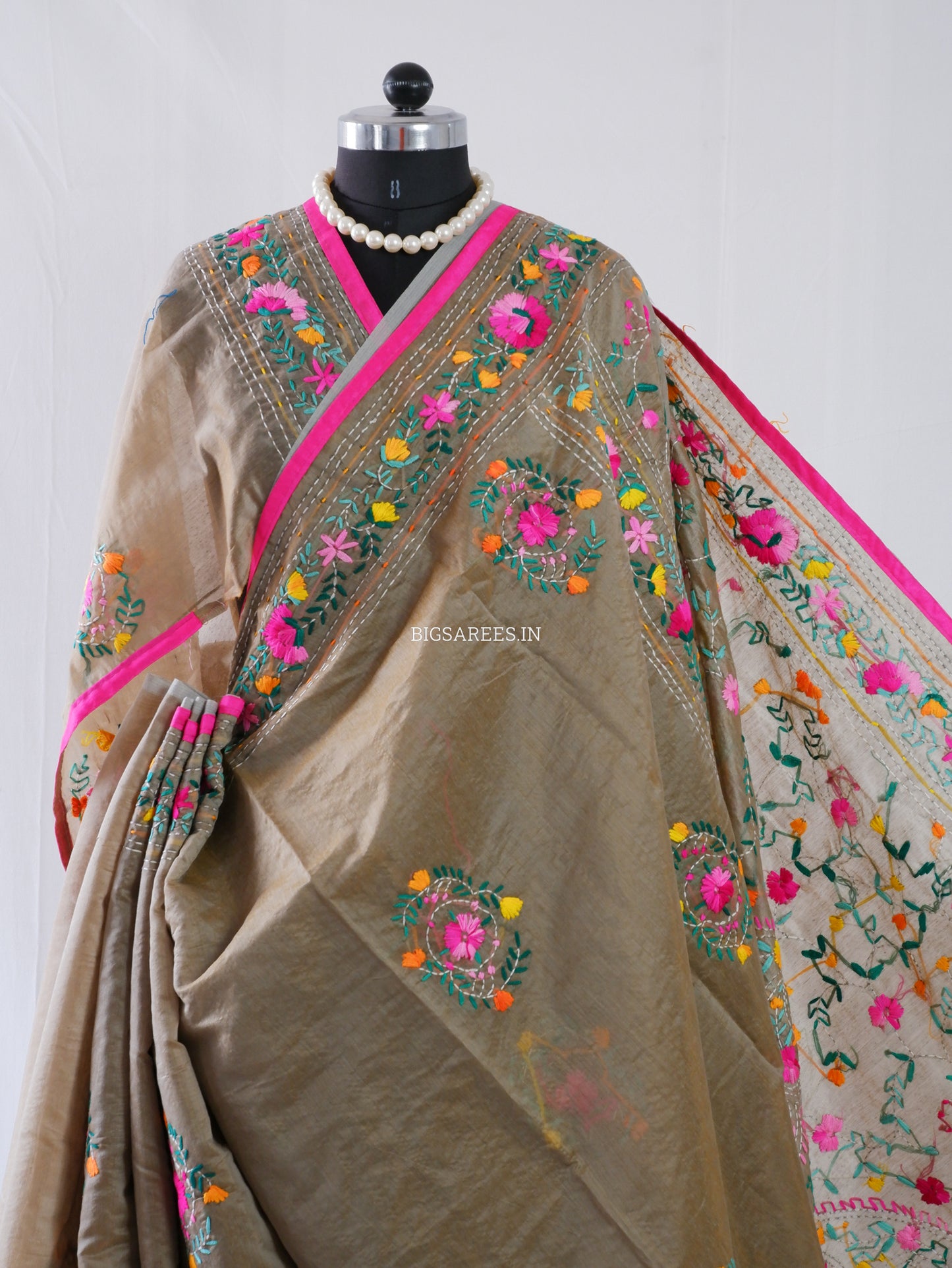 Phulkari Hand-Embroidered Saree | Chanderi Silk | Light Olive Green