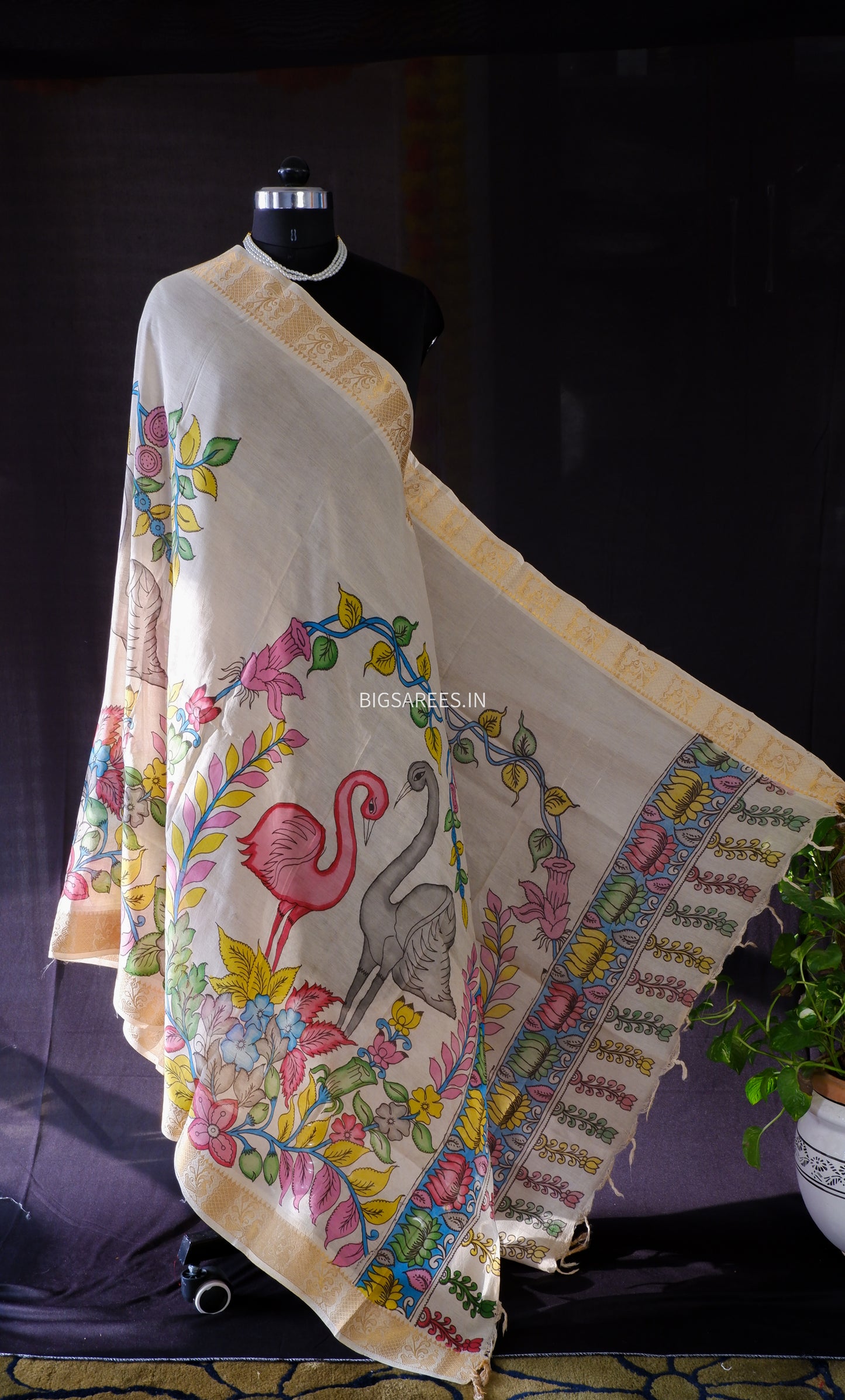 Pen Kalamkari Hand Painted Bangalore Silk Dupatta/Yellow/36"