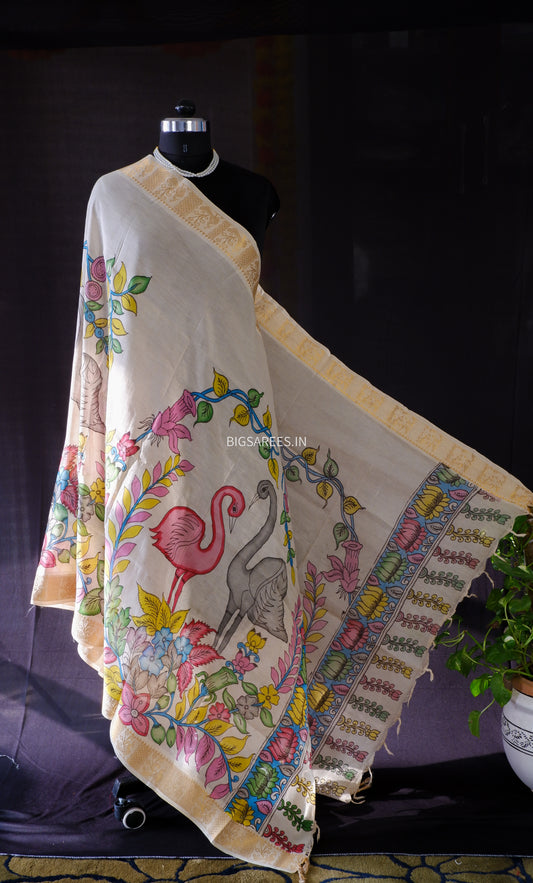 Pen Kalamkari Hand Painted Bangalore Silk Dupatta/Yellow/36"