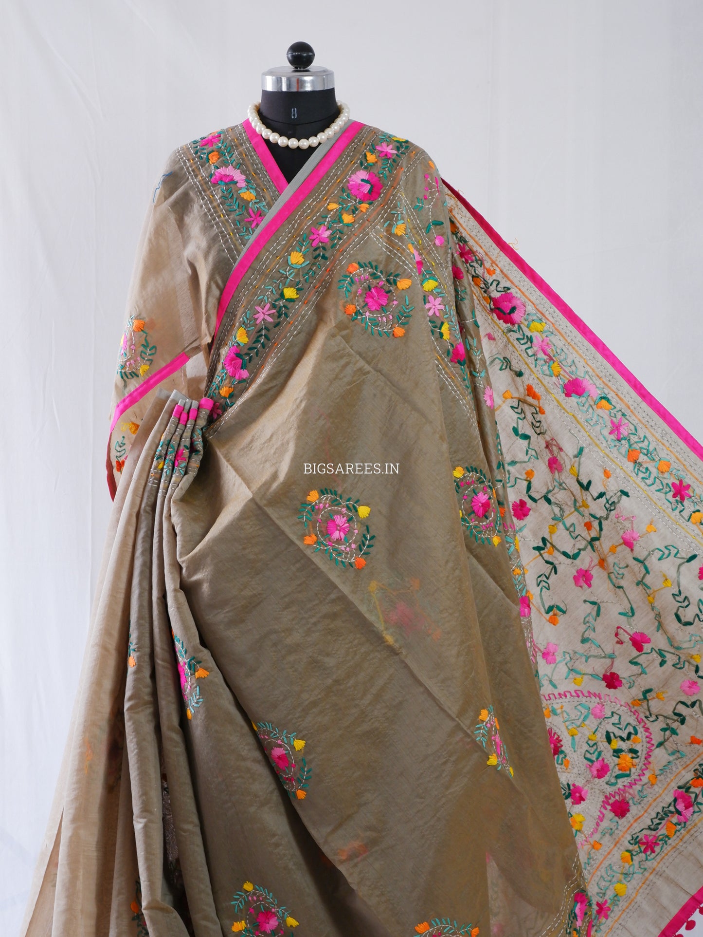 Phulkari Hand-Embroidered Saree | Chanderi Silk | Light Olive Green