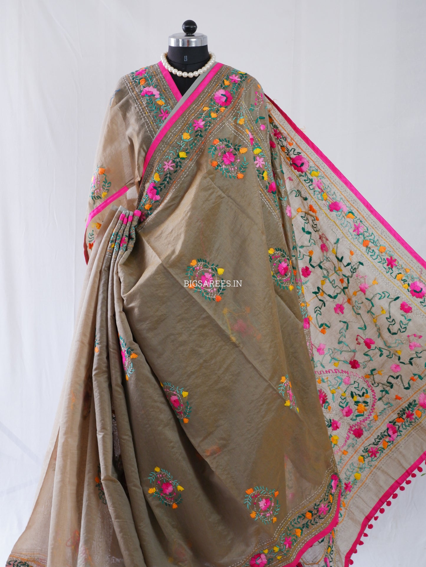 Phulkari Hand-Embroidered Saree | Chanderi Silk | Light Olive Green