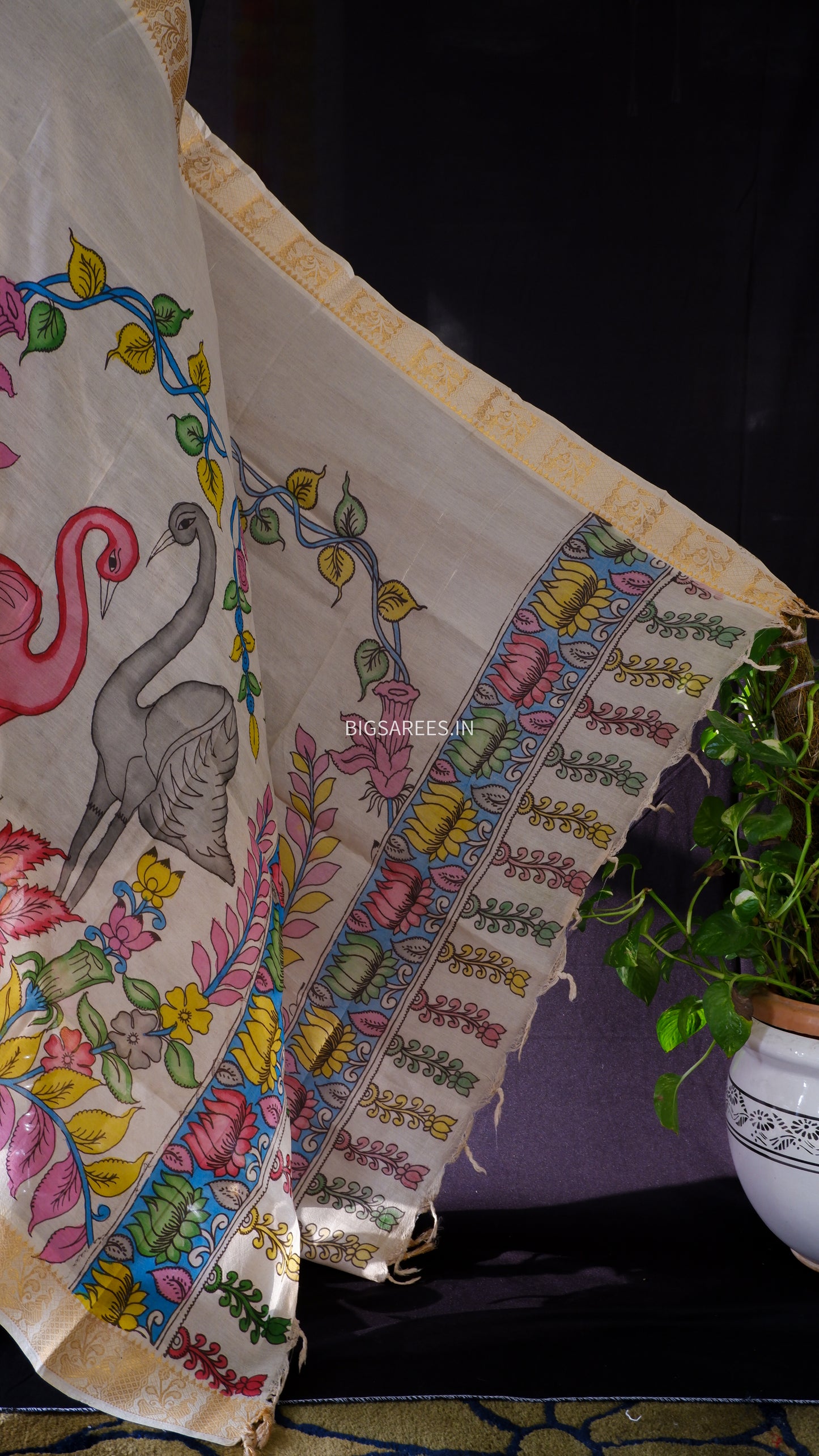 Pen Kalamkari Hand Painted Bangalore Silk Dupatta/Yellow/36"