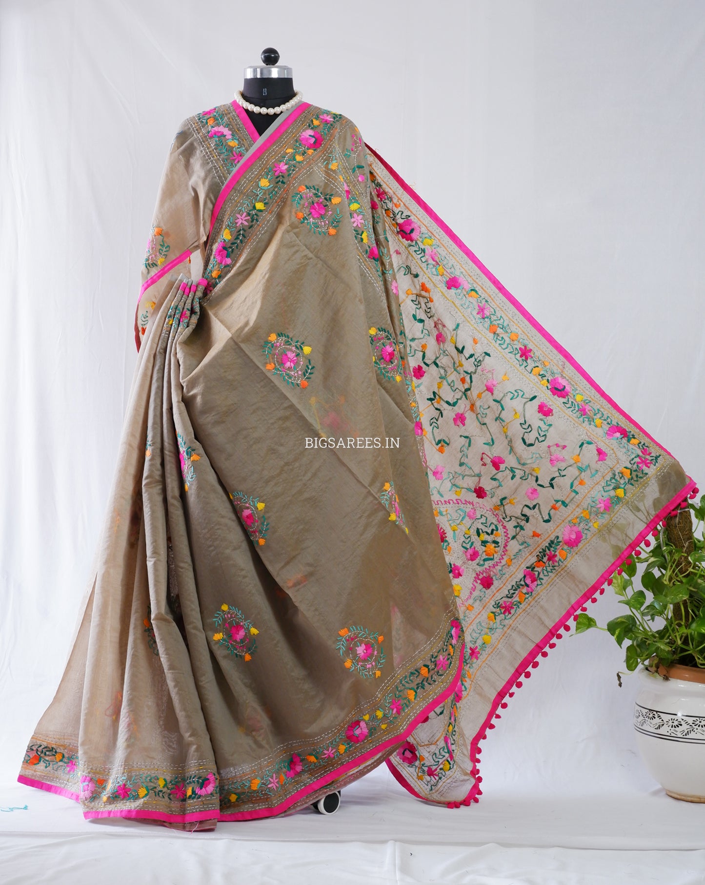 Phulkari Hand-Embroidered Saree | Chanderi Silk | Light Olive Green