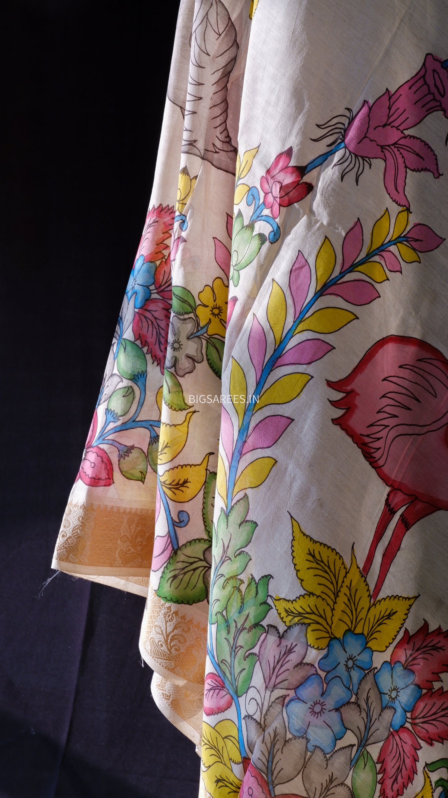 Pen Kalamkari Hand Painted Bangalore Silk Dupatta/Yellow/36"