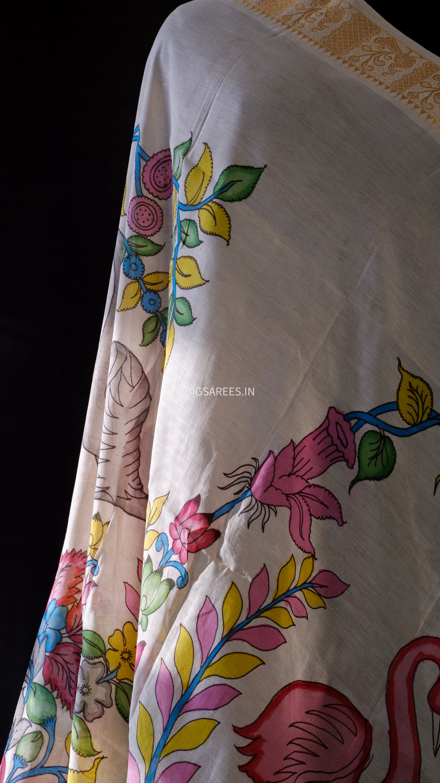 Pen Kalamkari Hand Painted Bangalore Silk Dupatta/Yellow/36"