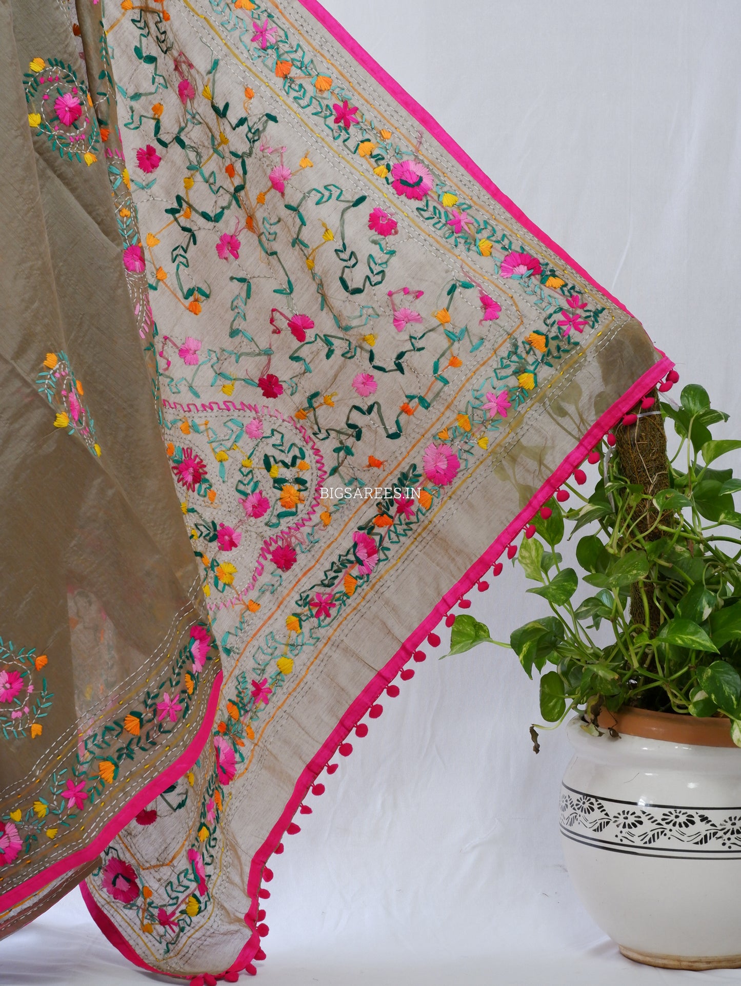 Phulkari Hand-Embroidered Saree | Chanderi Silk | Light Olive Green