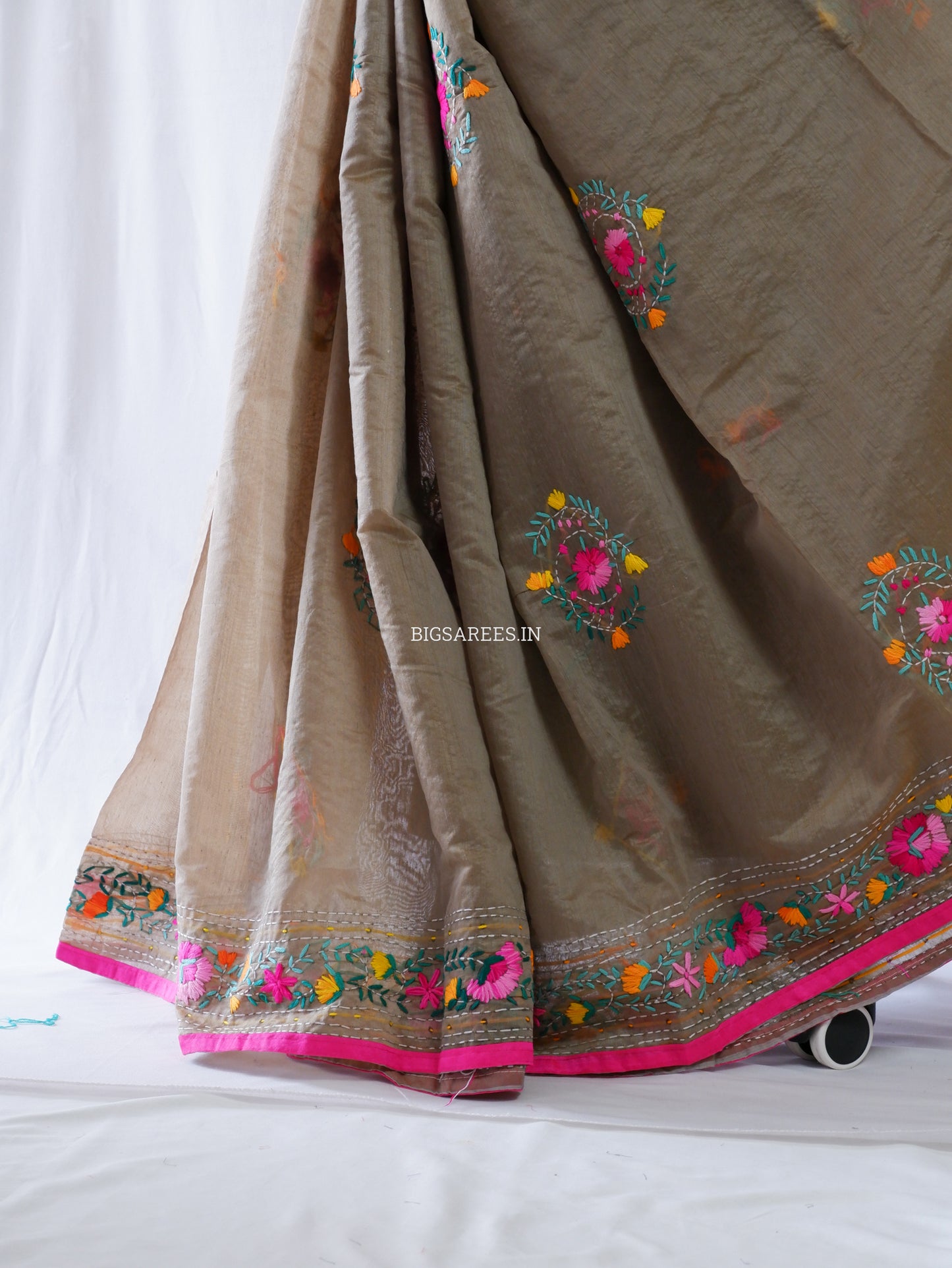 Phulkari Hand-Embroidered Saree | Chanderi Silk | Light Olive Green